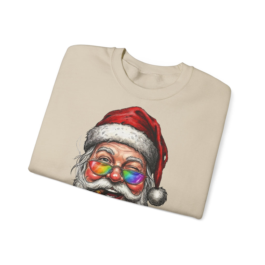 Friendly-Santa: Frontprint, Unisex Sweatshirt, Rainbow Glasses Crewneck Sweatshirt — Funny Christmas Holiday Sweater