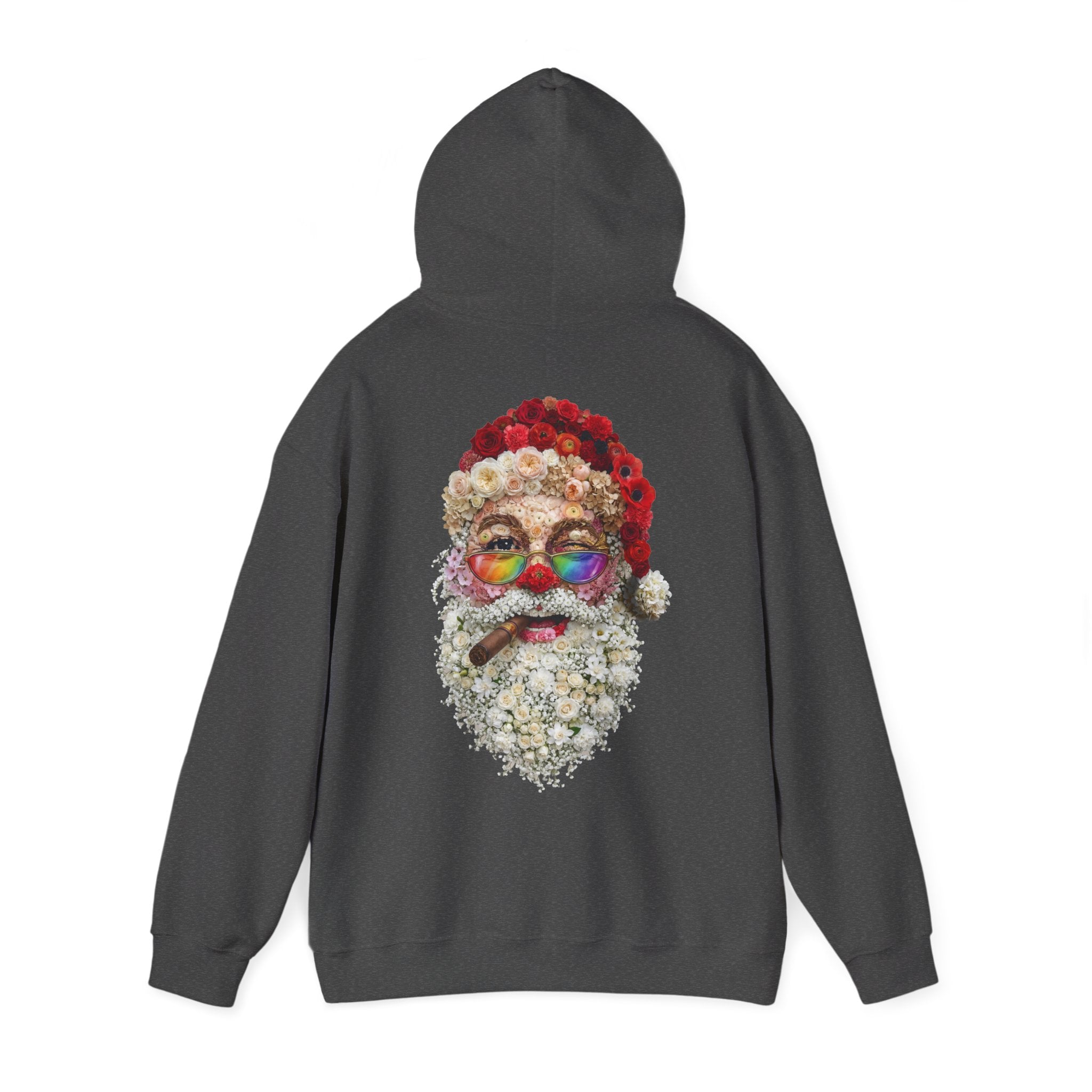 Blumen-Santa: Backprint, Unisex Hoodie, Rainbow Glasses Christmas X-Mas Floral