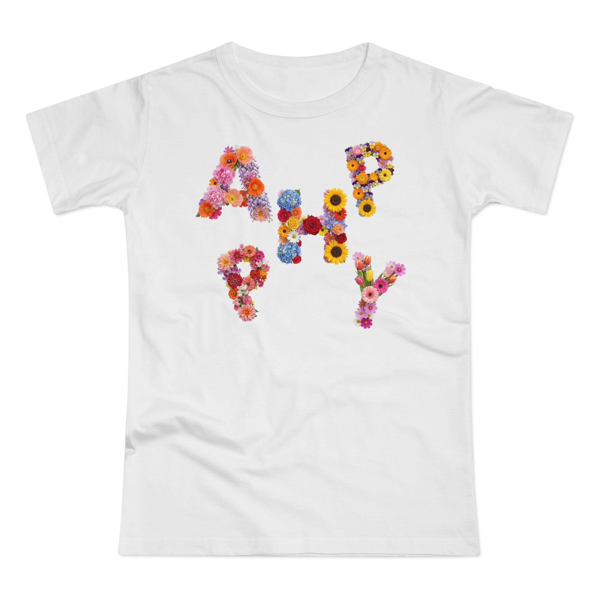 HAPPY, Frontprint, Womens' T-Shirt,  Floral Colorful Flower Lettering Tee