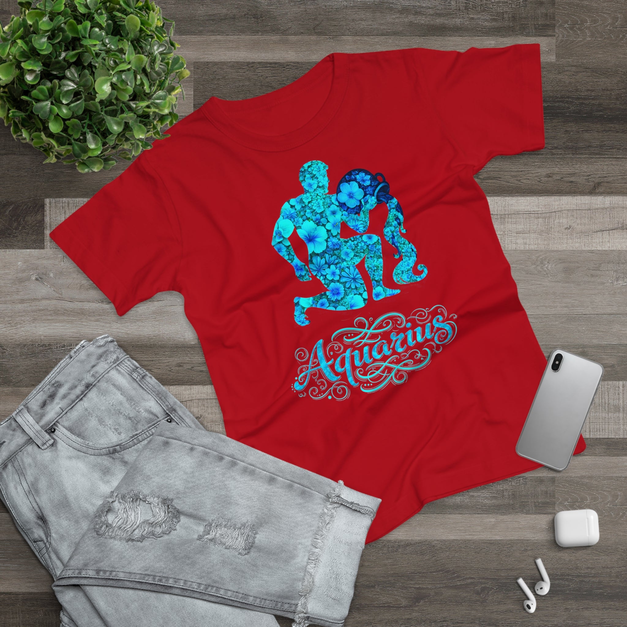 Wassermann: Frontprint, Womens' T-Shirt, florales Sternzeichen, Zodiac Astrologie (Aquarius)