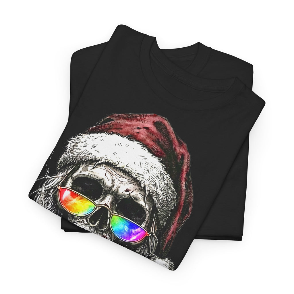 Dark-Santa: Frontprint, Unisex T-Shirt, Skull Graphic Tee Cool Santa with Rainbow Shades & Cigar, Holiday Christmas Shirt