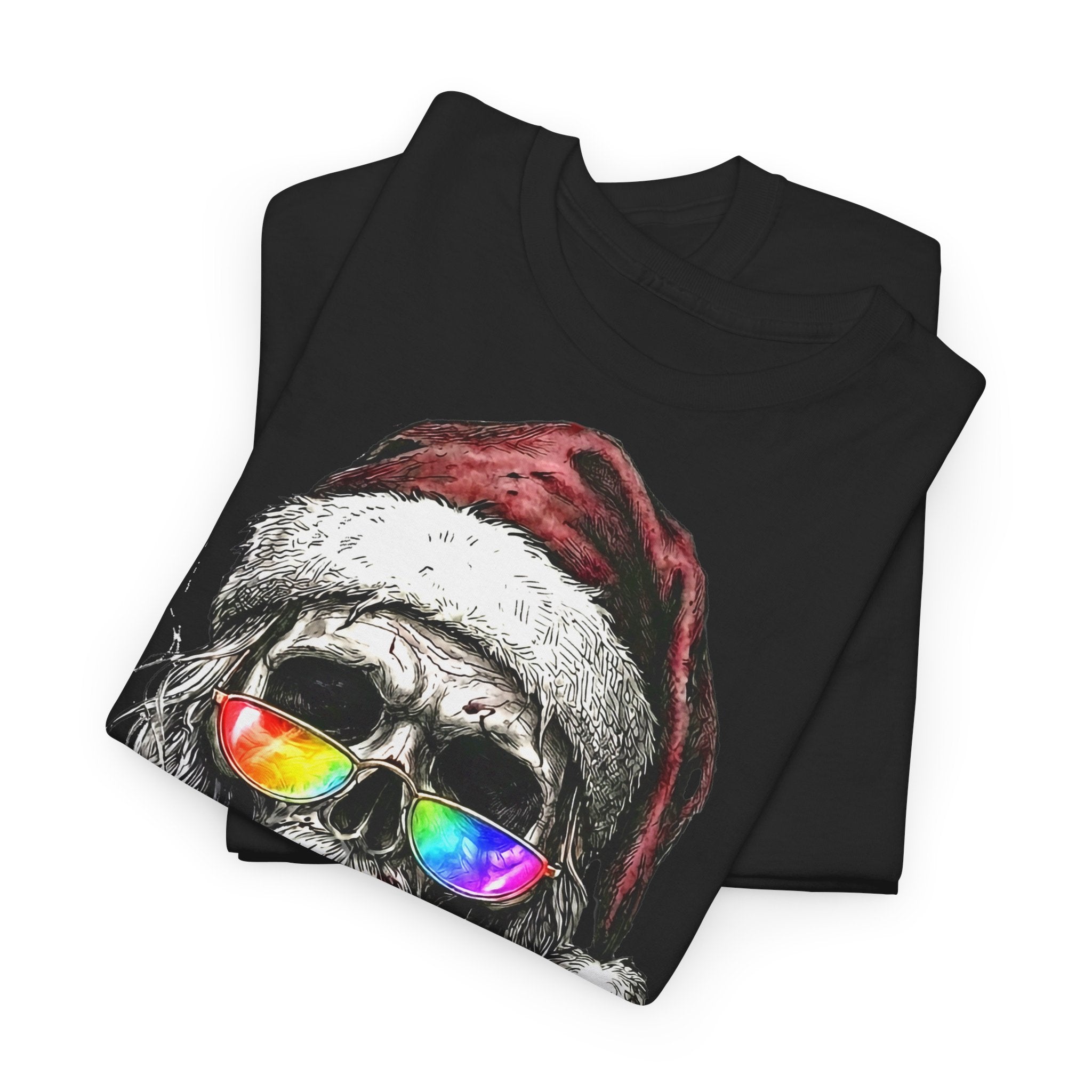 Dark-Santa: Frontprint, Unisex T-Shirt, Skull Graphic Tee Cool Santa with Rainbow Shades & Cigar, Holiday Christmas Shirt