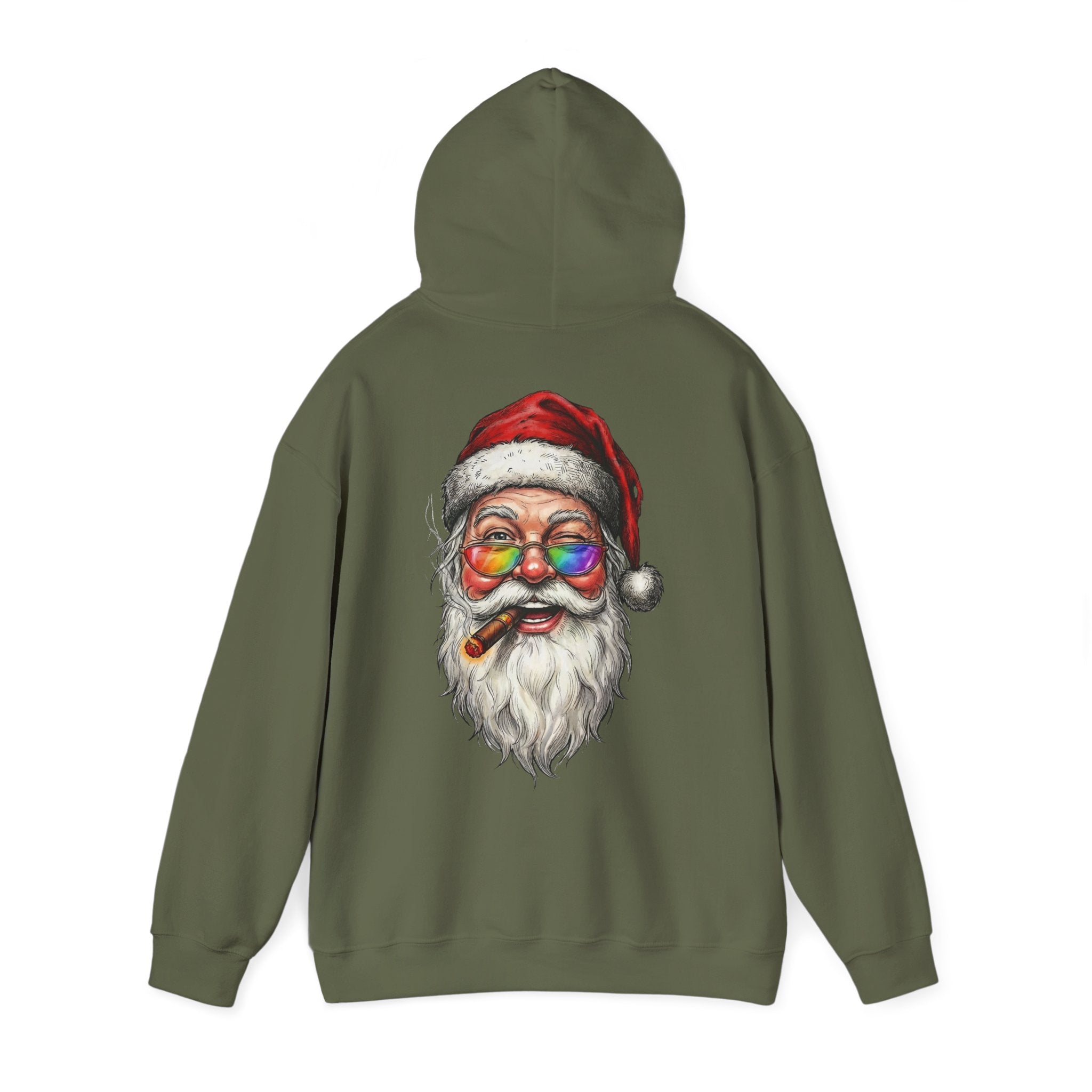 Friendly-Santa: Backprint, Unisex Hoodie, Rainbow Glasses Hoodie – Colorful Retro Christmas Sweatshirt