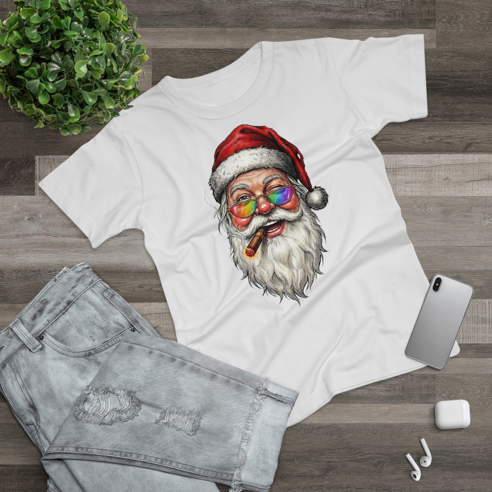 Friendly-Santa: Frontprint, Womens' T-Shirt, Colorful Glasses & Cigar Christmas Tee