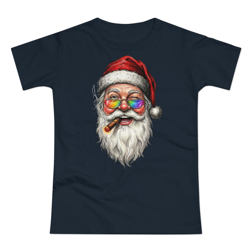 Friendly-Santa: Frontprint, Womens' T-Shirt, Colorful Glasses & Cigar Christmas Tee