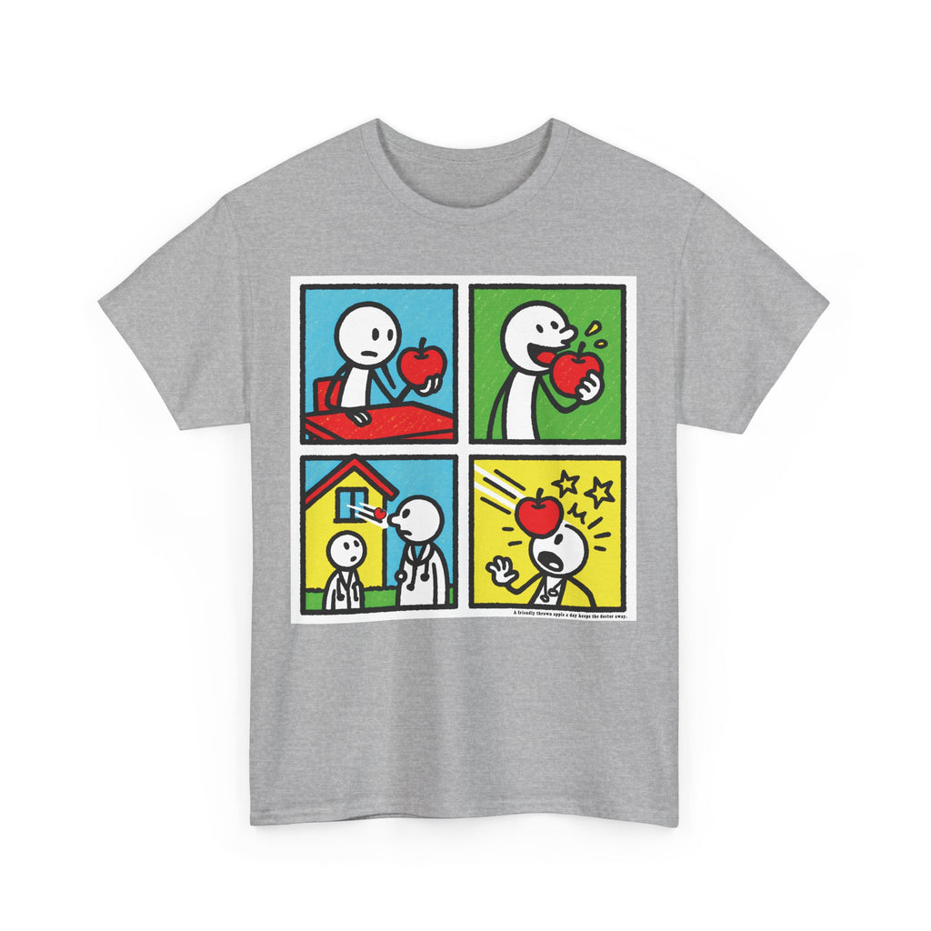 Proverb - A friendly thrown apple keeps doctor away, Funny Graphic Unisex Heavy Cotton Tee, Cute Gift for Friends, Heart Theme T-Shirt, Casual Wear, Gift for Birthdays, Celebrate Love