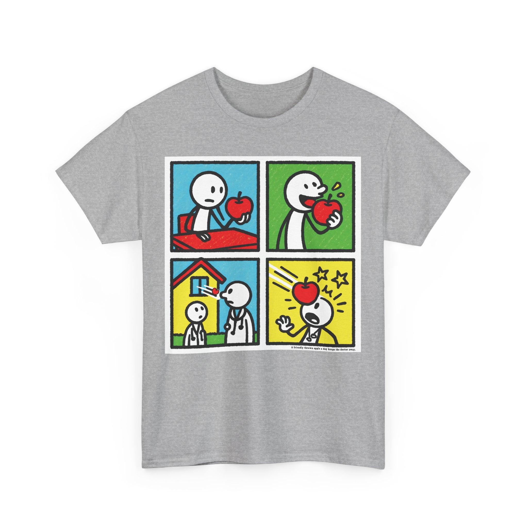 Proverb - A friendly thrown apple keeps doctor away, Funny Graphic Unisex Heavy Cotton Tee, Cute Gift for Friends, Heart Theme T-Shirt, Casual Wear, Gift for Birthdays, Celebrate Love