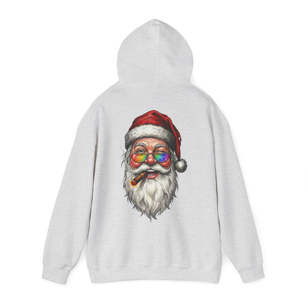 Friendly-Santa: Backprint, Unisex Hoodie, Rainbow Glasses Hoodie – Colorful Retro Christmas Sweatshirt