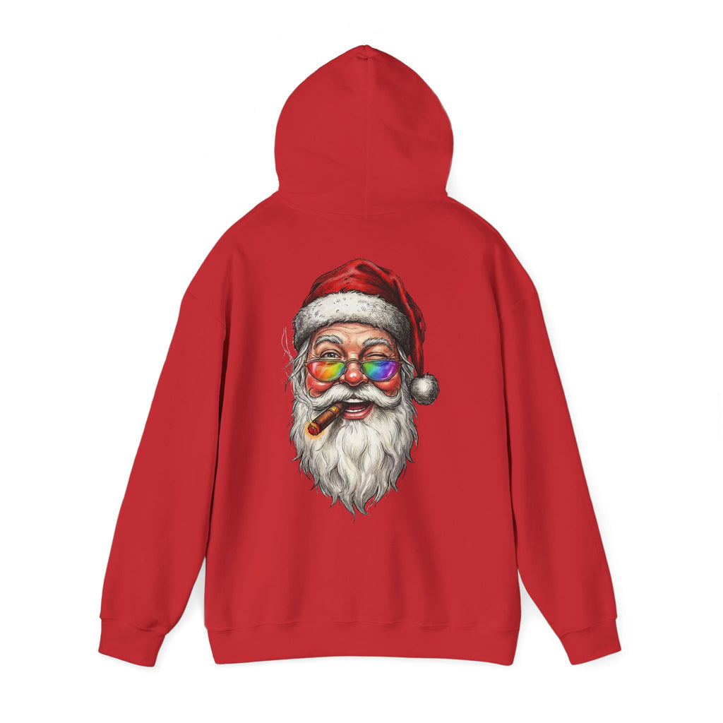 Friendly-Santa: Backprint, Unisex Hoodie, Rainbow Glasses Hoodie – Colorful Retro Christmas Sweatshirt