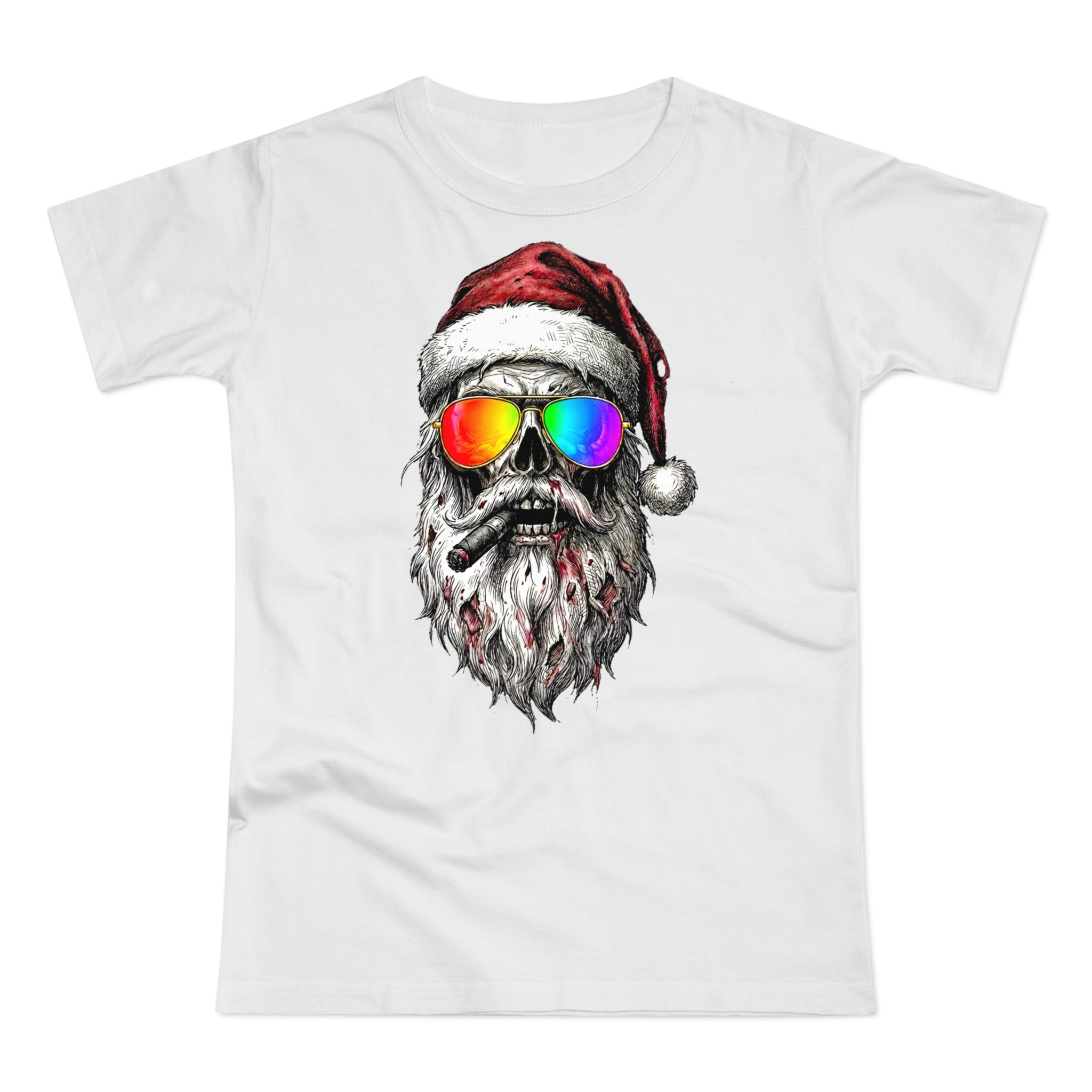 Pilot-Santa: Frontprint, Womens' T-Shirt, Skull T-Shirt — Cool Christmas Skull Tee with Rainbow Sunglasses