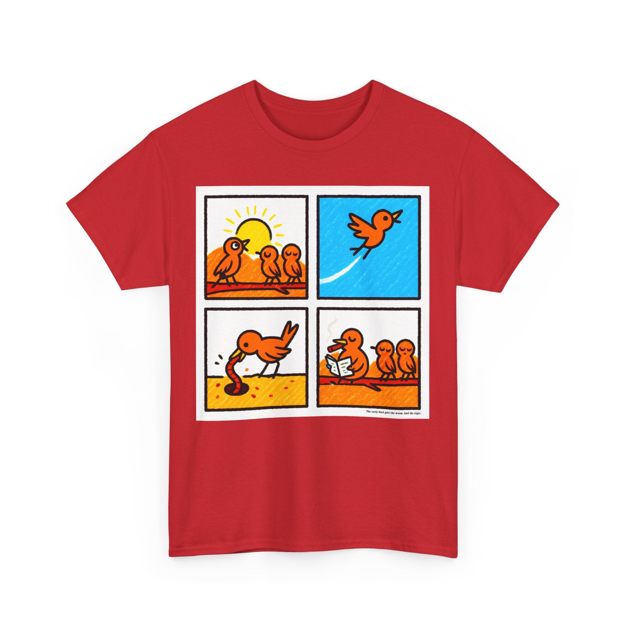 Proverb - Early bird GETS IT ALL, plus Cigar, Sunshine Birds Unisex Heavy Cotton Tee, Graphic Tee, Casual Wear, Gift for Bird Lovers, Funny T-Shirt, Nature Inspired Clothing