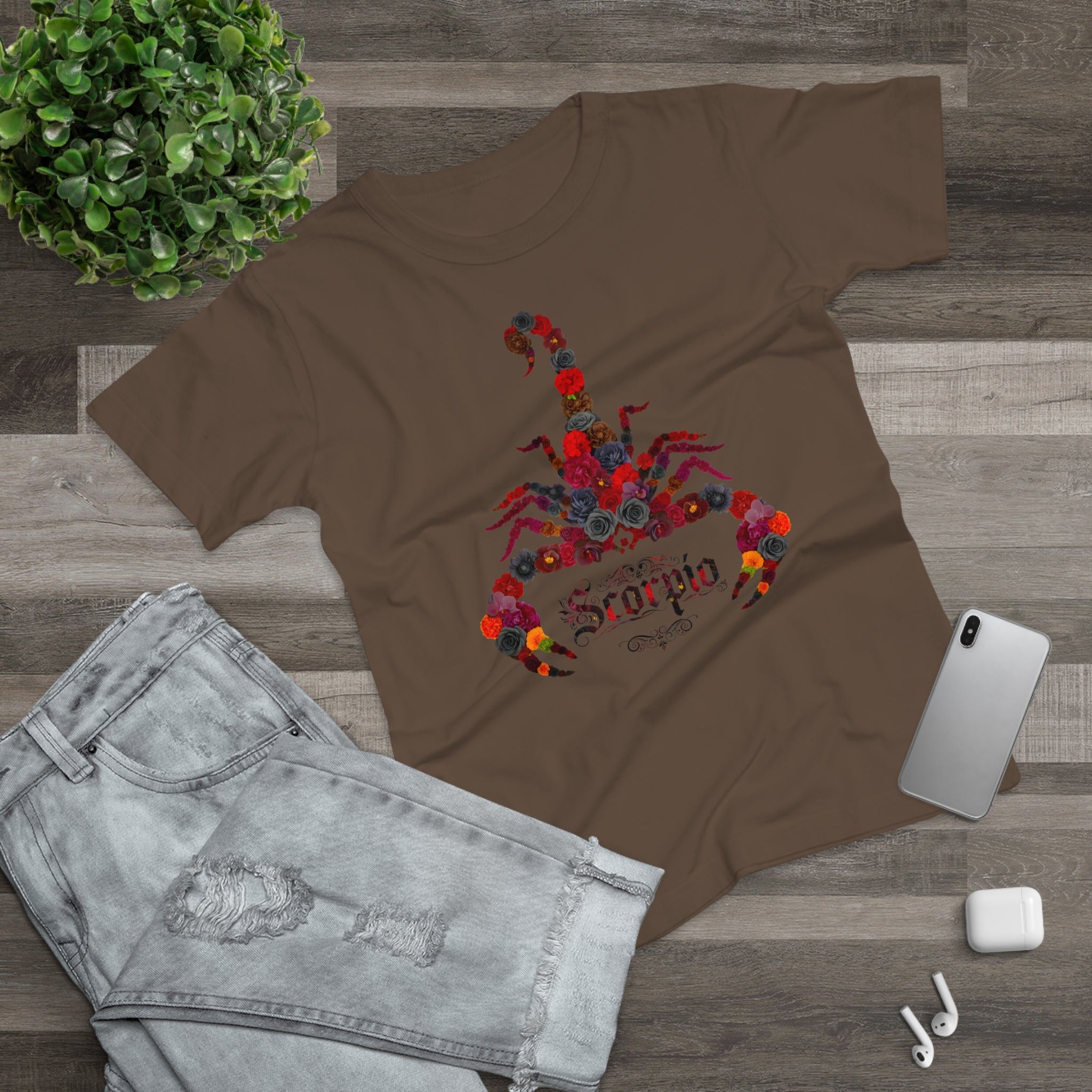 Skorpion: Frontprint, Womens' T-Shirt, florales Sternzeichen, Zodiac Astrologie (Scorpio)