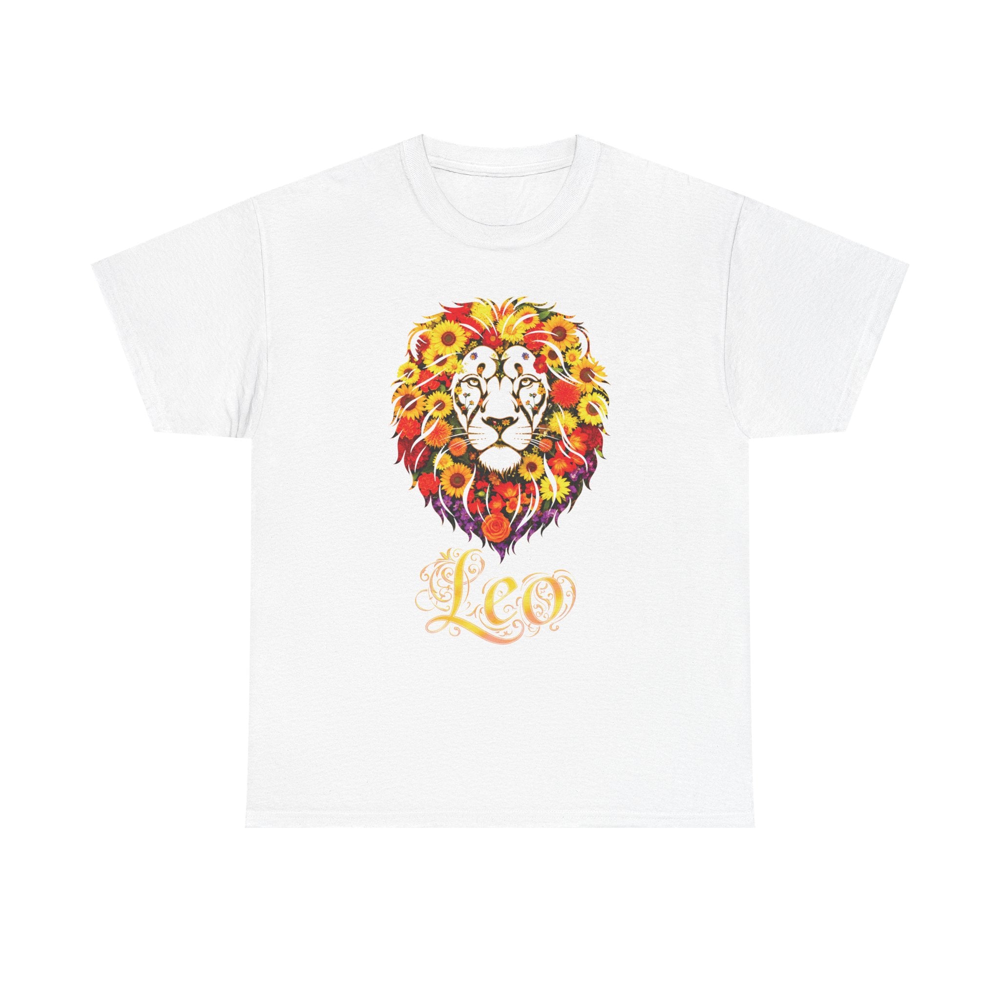 Leo Floral Zodiac Shirt, Unisex Heavy Cotton T-Shirt, Nature Lover Gift, Artistic Apparel, Animal Lover Shirt, Casual Wear