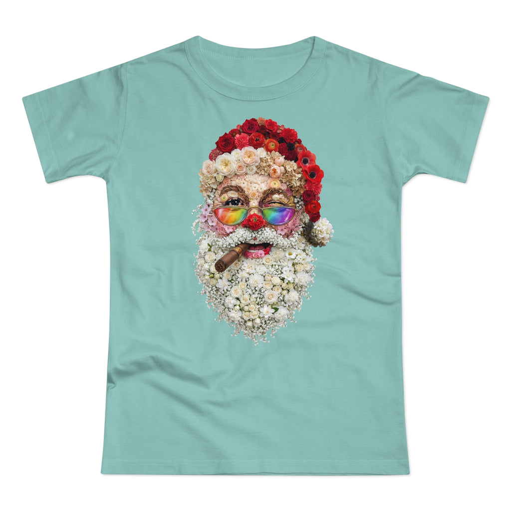 Blumen-Santa: Frontprint, Womens' T-Shirt, Rainbow Glasses & Cigar Holiday T-Shirt