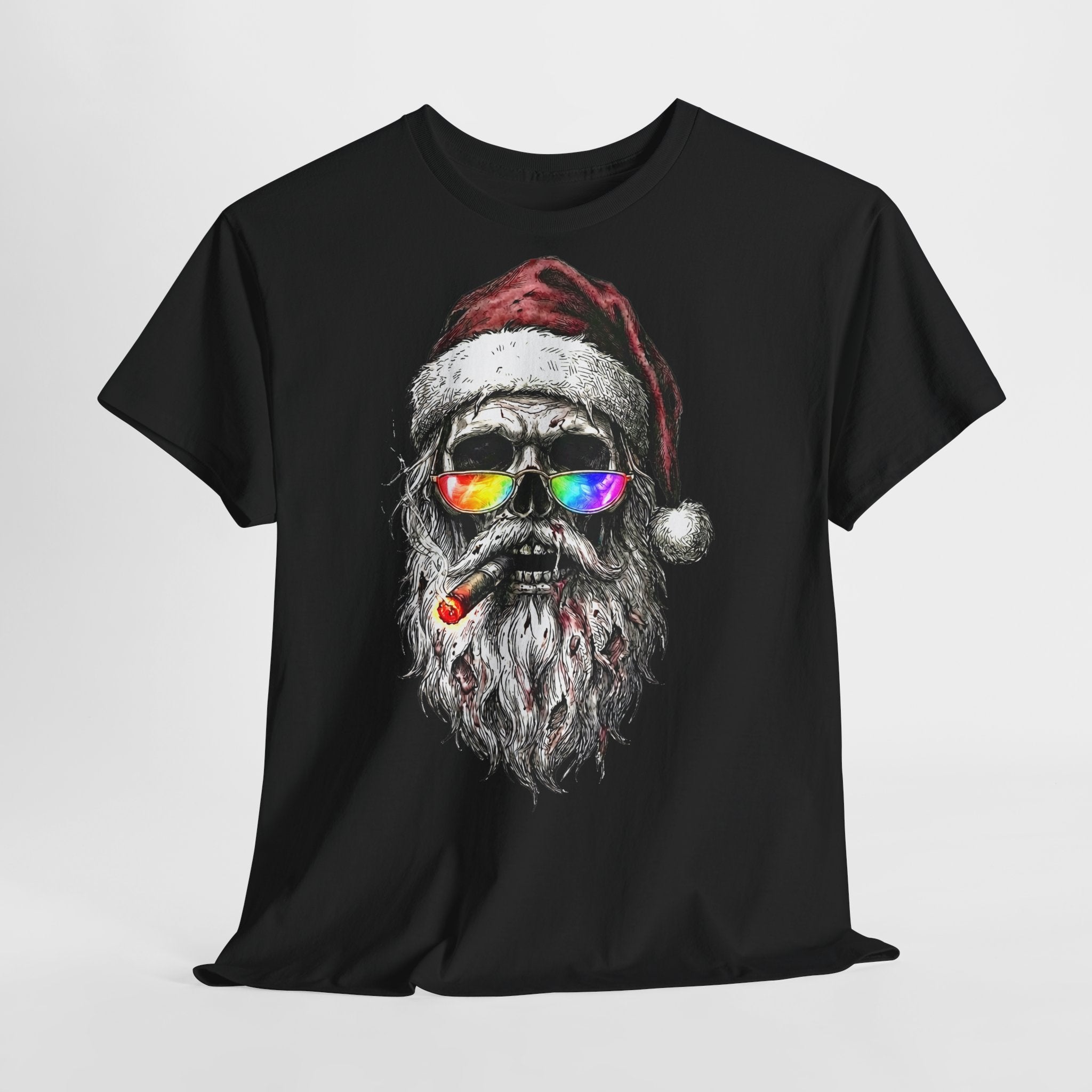 Dark-Santa: Frontprint, Unisex T-Shirt, Skull Graphic Tee Cool Santa with Rainbow Shades & Cigar, Holiday Christmas Shirt