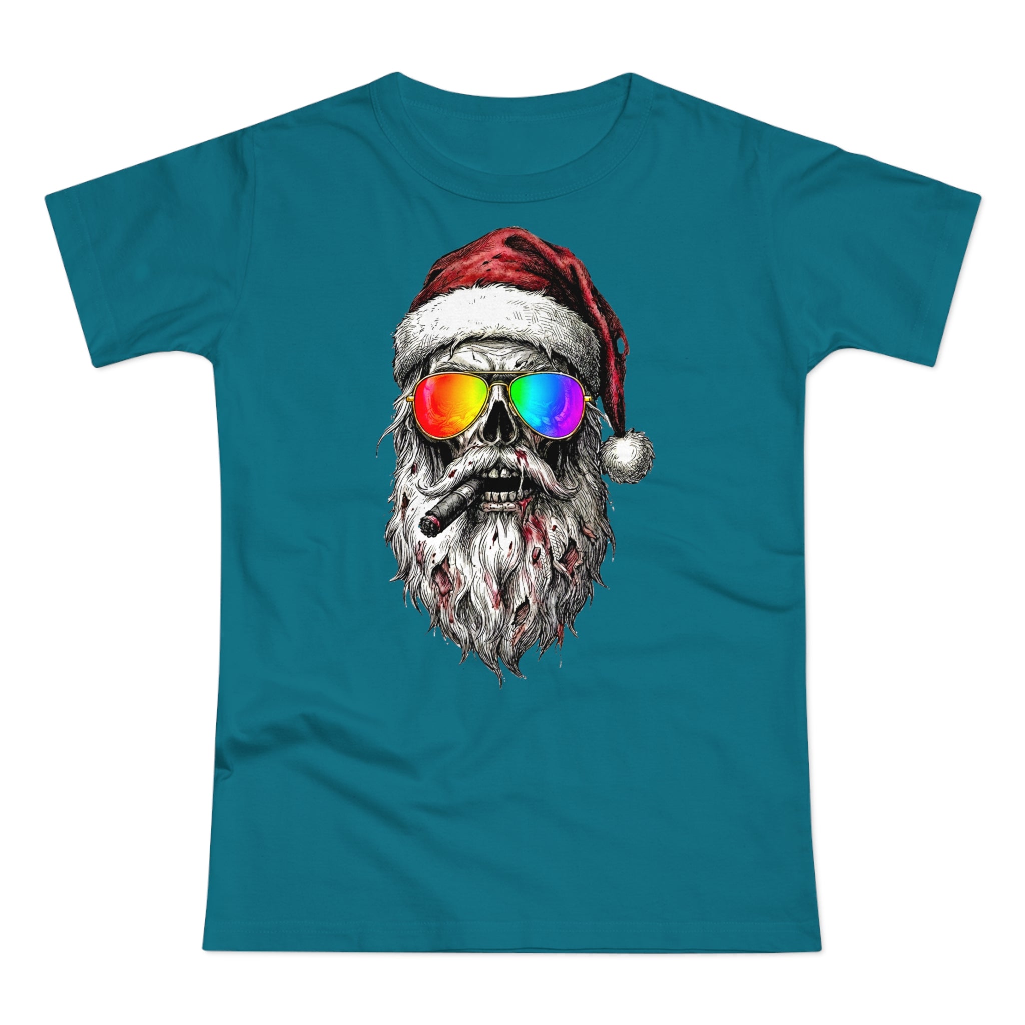 Pilot-Santa: Frontprint, Womens' T-Shirt, Skull T-Shirt — Cool Christmas Skull Tee with Rainbow Sunglasses