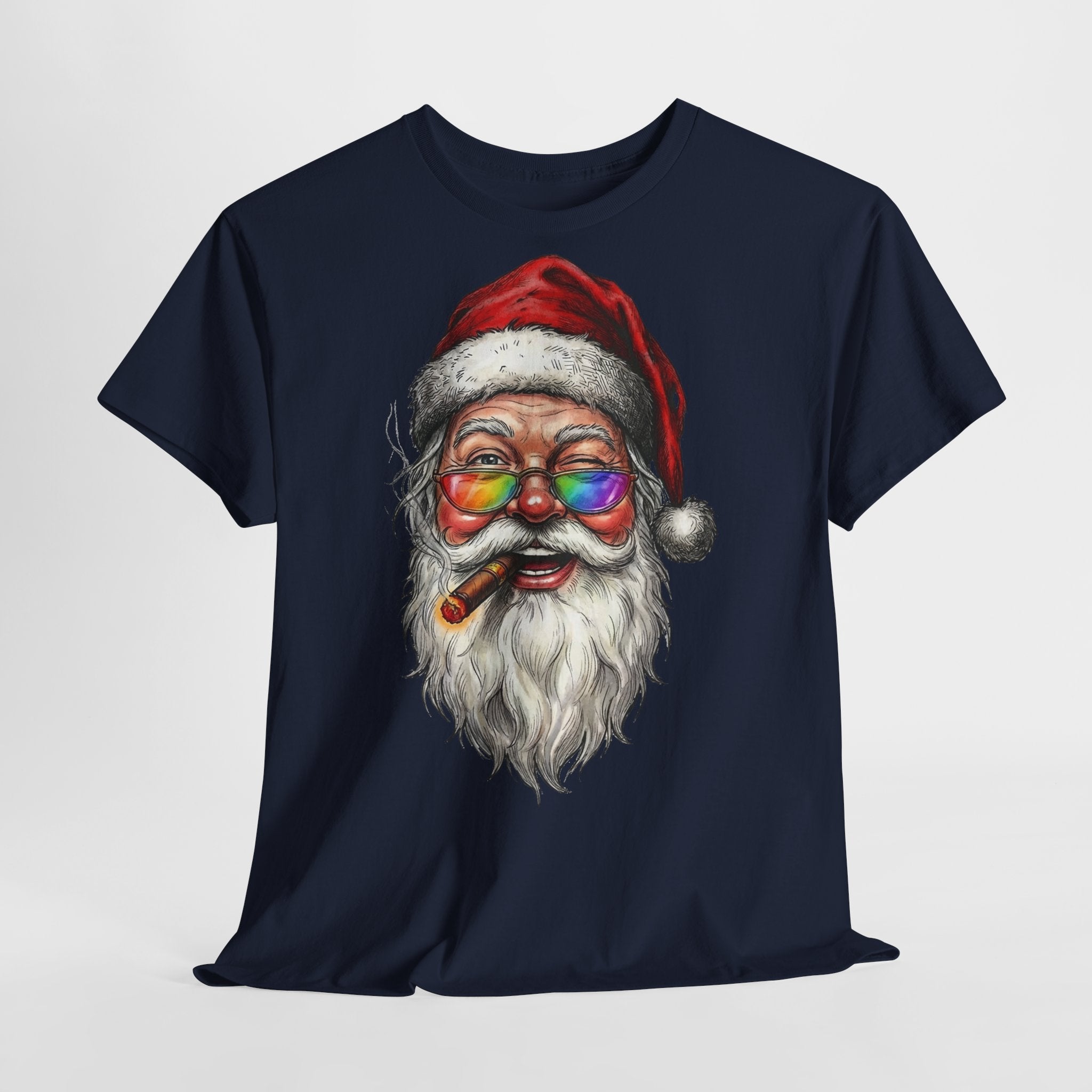Friendly-Santa: Frontprint, Unisex T-Shirt, Colorful Retro Santa with Cigar Holiday Tee