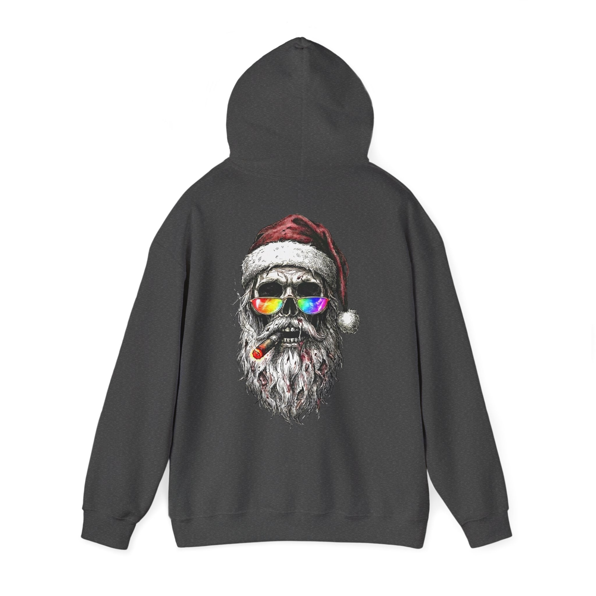 Dark-Santa: Backprint, Unisex Hoodie, Skull Cool Santa with Rainbow Sunglasses Christmas Sweatshirt