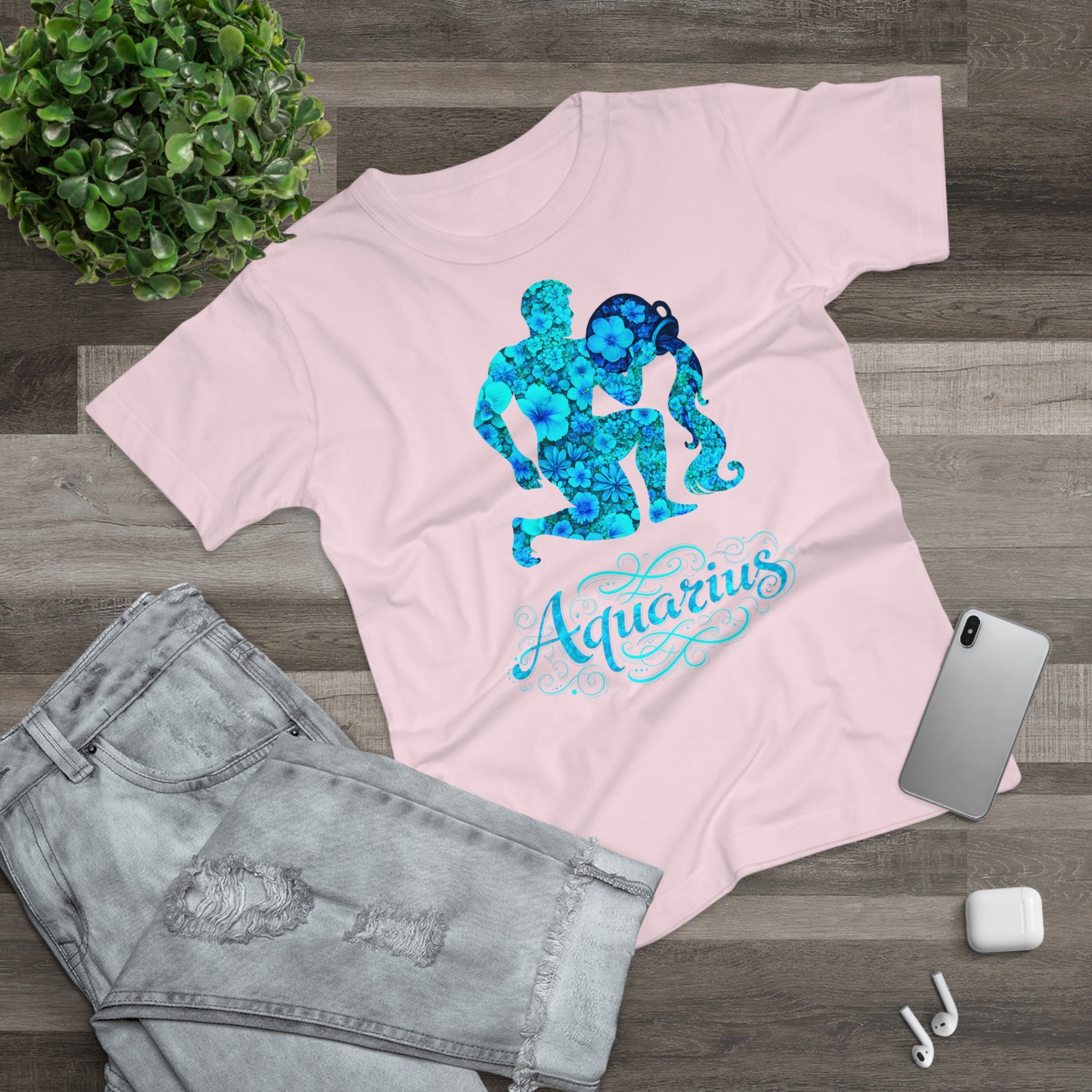 Wassermann: Frontprint, Womens' T-Shirt, florales Sternzeichen, Zodiac Astrologie (Aquarius)