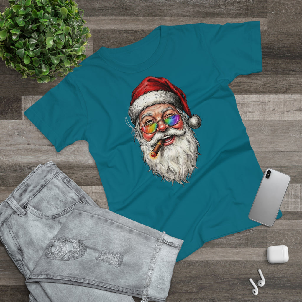 Friendly-Santa: Frontprint, Womens' T-Shirt, Colorful Glasses & Cigar Christmas Tee