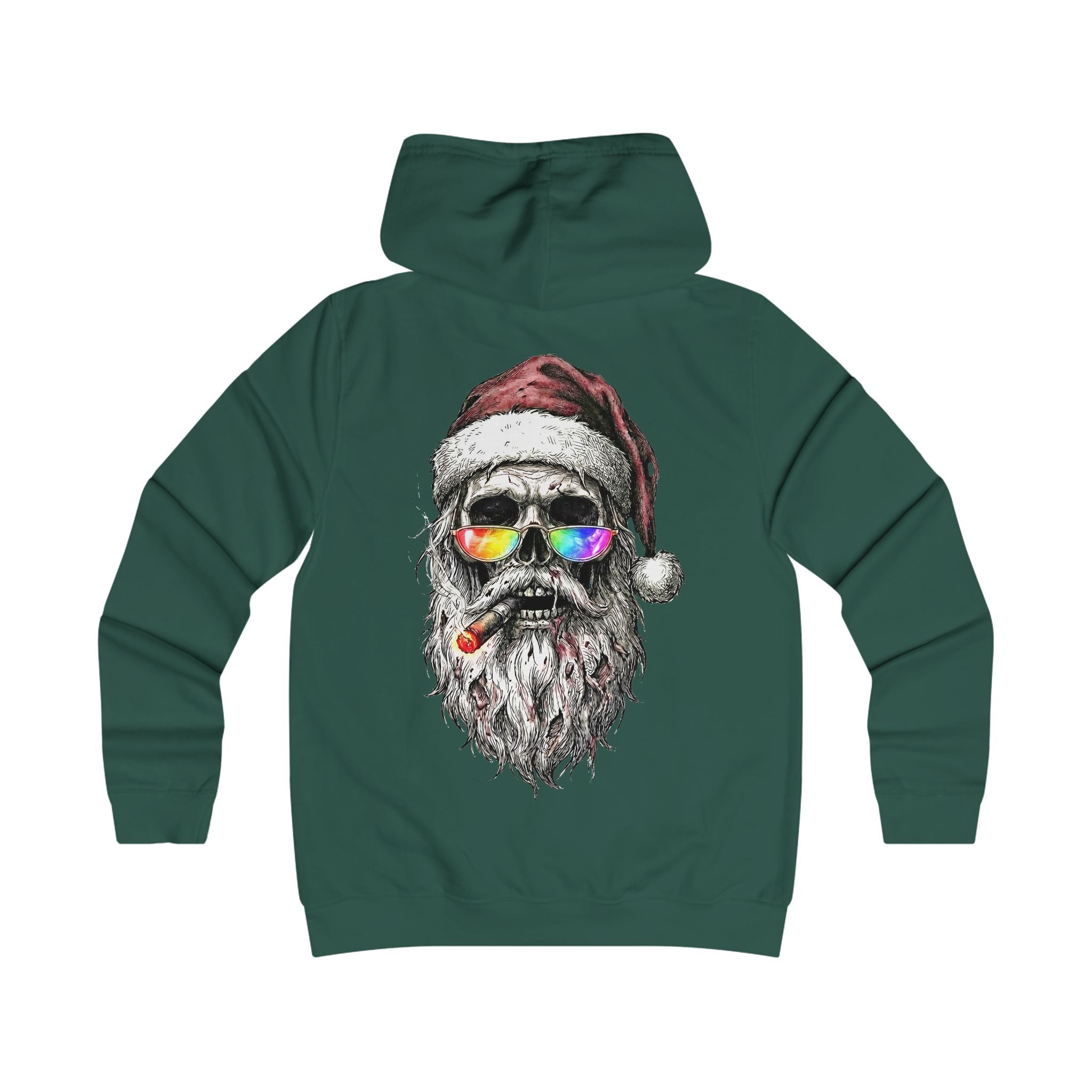 Dark-Santa: Backprint, Womens' Hoodie — Skull Edgy Christmas Santa Skull with Sunglasses & Cigar