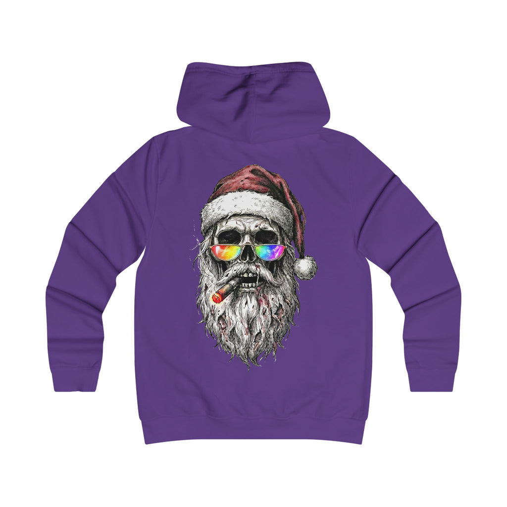 Dark-Santa: Backprint, Womens' Hoodie — Skull Edgy Christmas Santa Skull with Sunglasses & Cigar