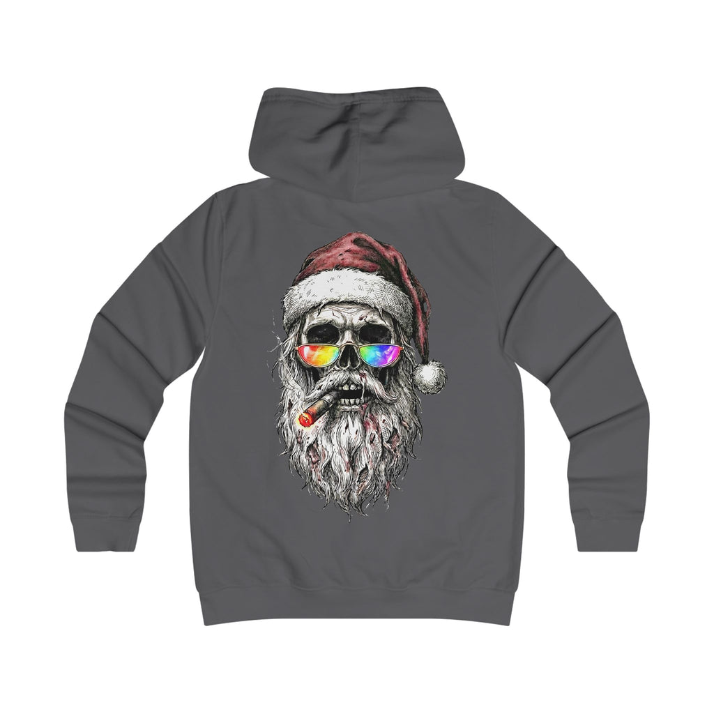 Dark-Santa: Backprint, Womens' Hoodie — Skull Edgy Christmas Santa Skull with Sunglasses & Cigar
