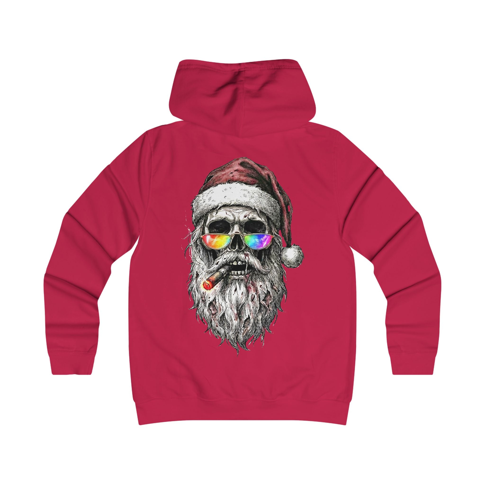 Dark-Santa: Backprint, Womens' Hoodie — Skull Edgy Christmas Santa Skull with Sunglasses & Cigar