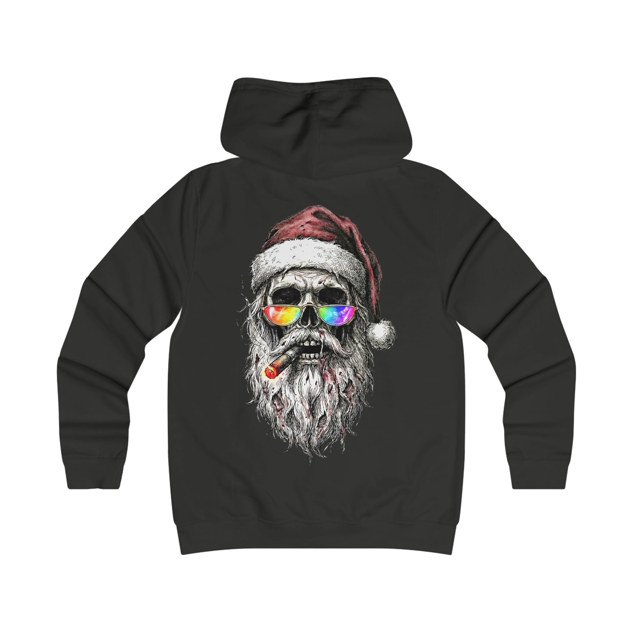 Dark-Santa: Backprint, Womens' Hoodie — Skull Edgy Christmas Santa Skull with Sunglasses & Cigar