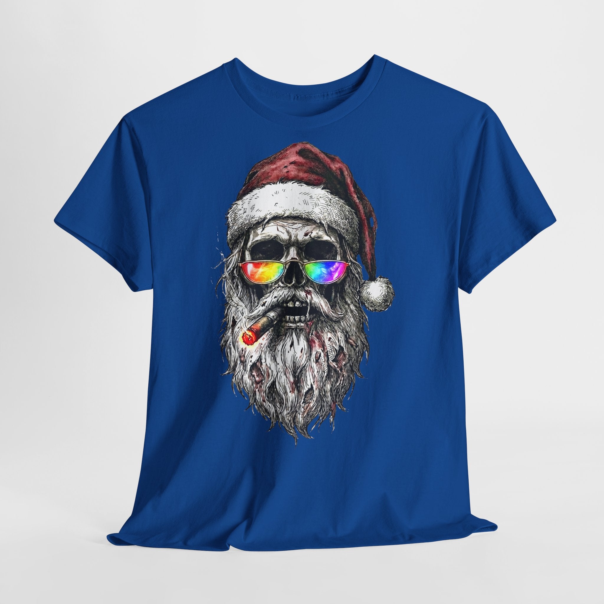 Dark-Santa: Frontprint, Unisex T-Shirt, Skull Graphic Tee Cool Santa with Rainbow Shades & Cigar, Holiday Christmas Shirt