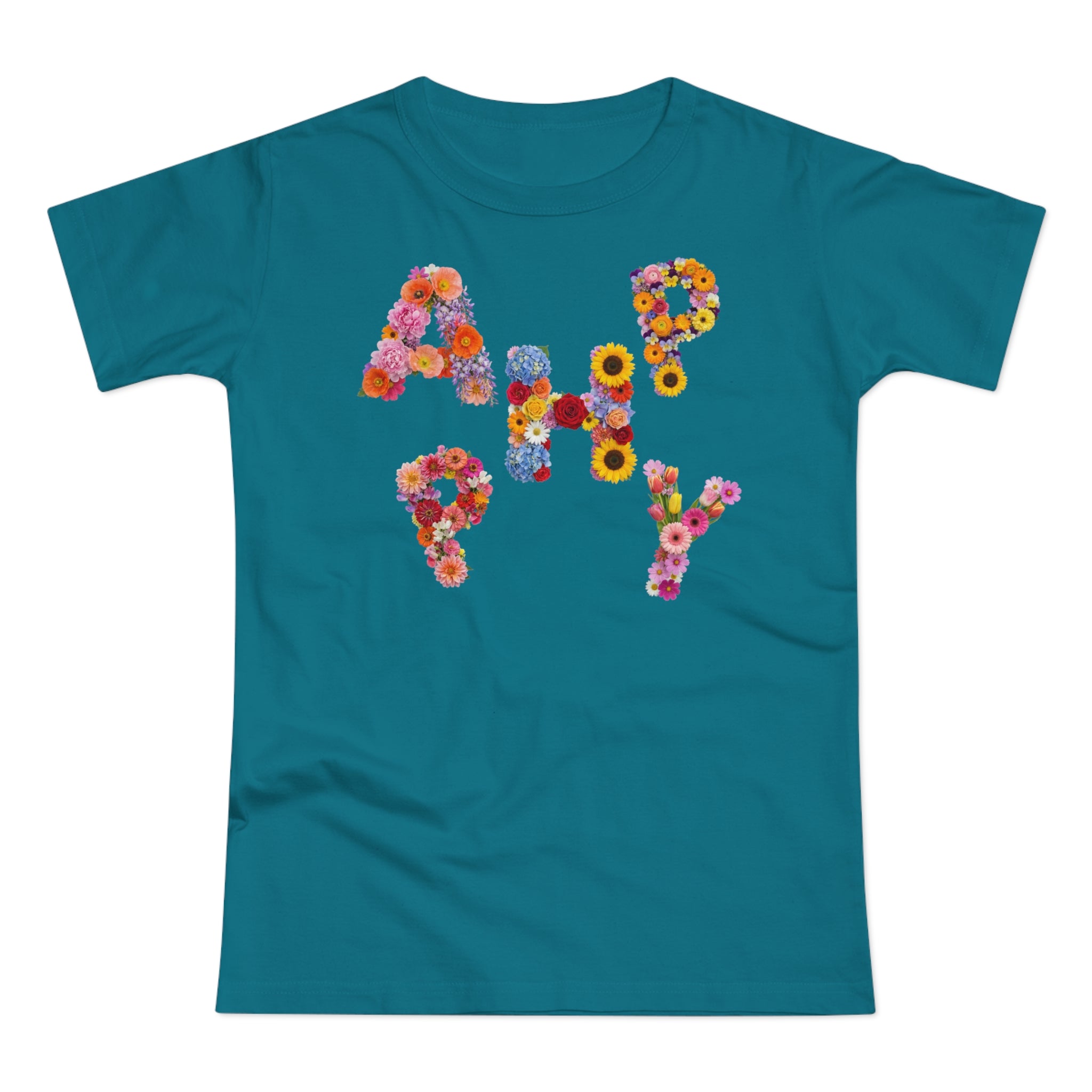 HAPPY, Frontprint, Womens' T-Shirt,  Floral Colorful Flower Lettering Tee