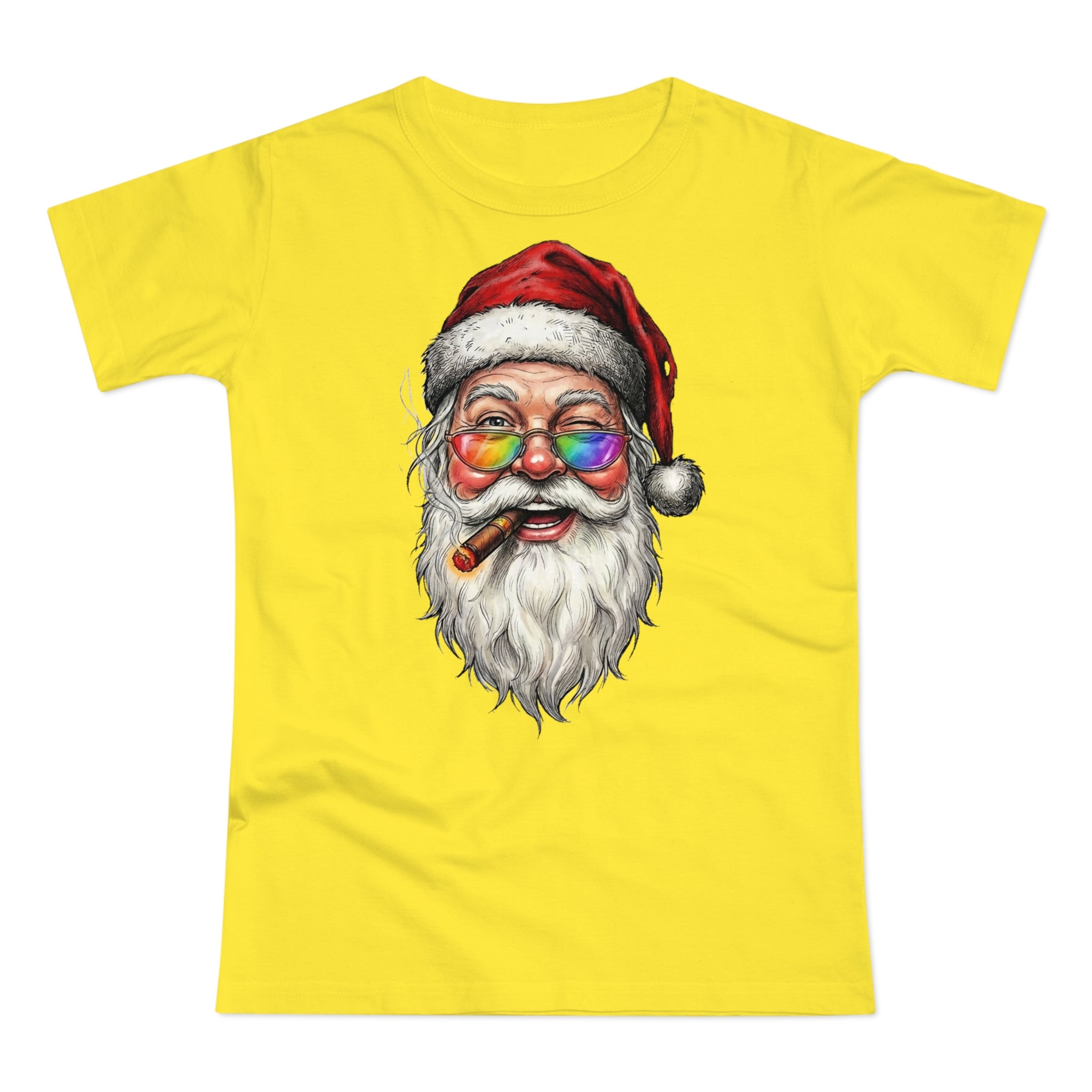 Friendly-Santa: Frontprint, Womens' T-Shirt, Colorful Glasses & Cigar Christmas Tee