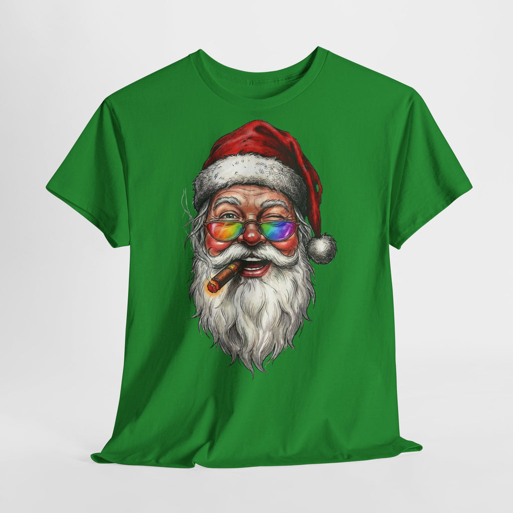 Friendly-Santa: Frontprint, Unisex T-Shirt, Colorful Retro Santa with Cigar Holiday Tee