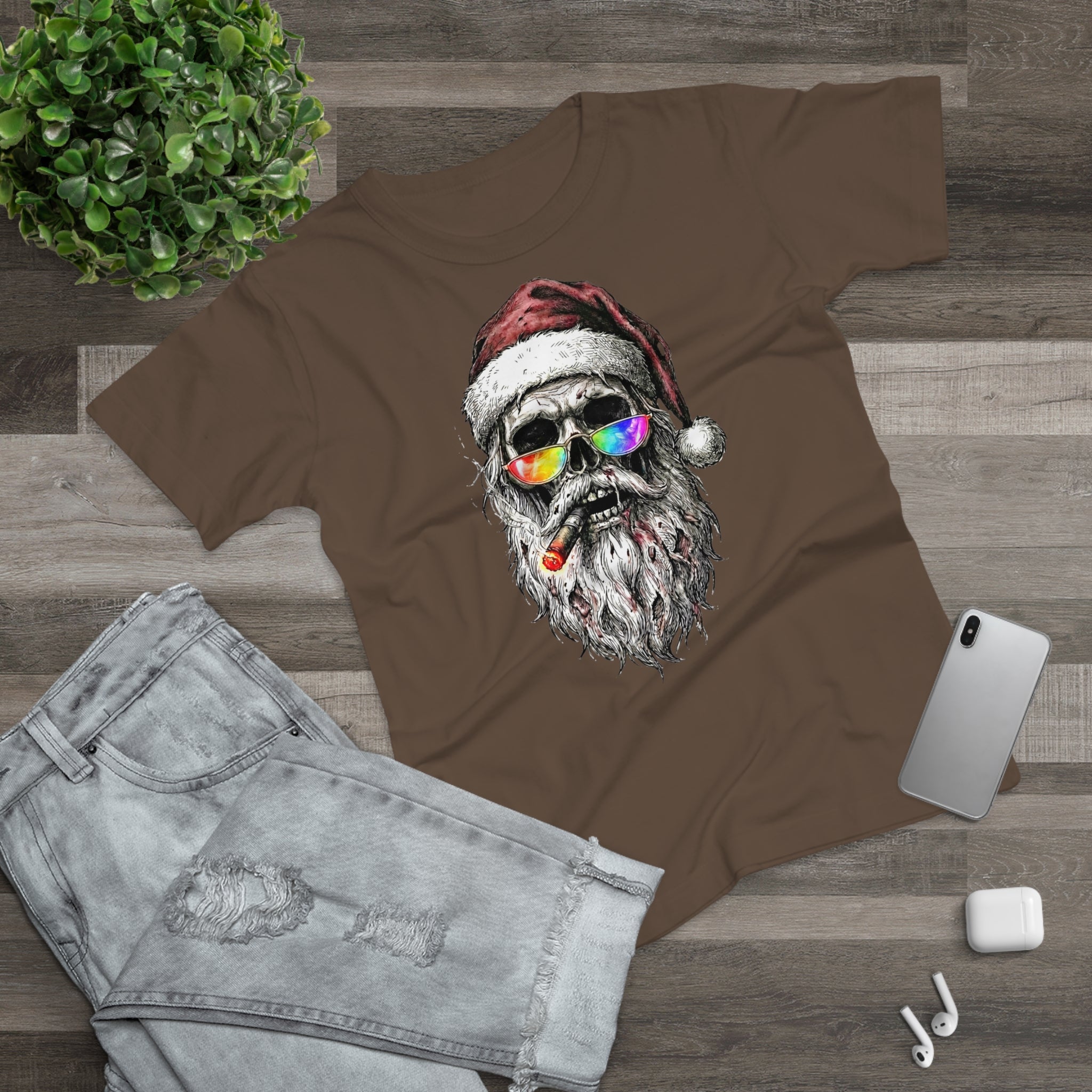 Dark-Santa: Frontprint, Womens' T-Shirt, Skull Retro Sunglasses & Cigar Holiday Tee