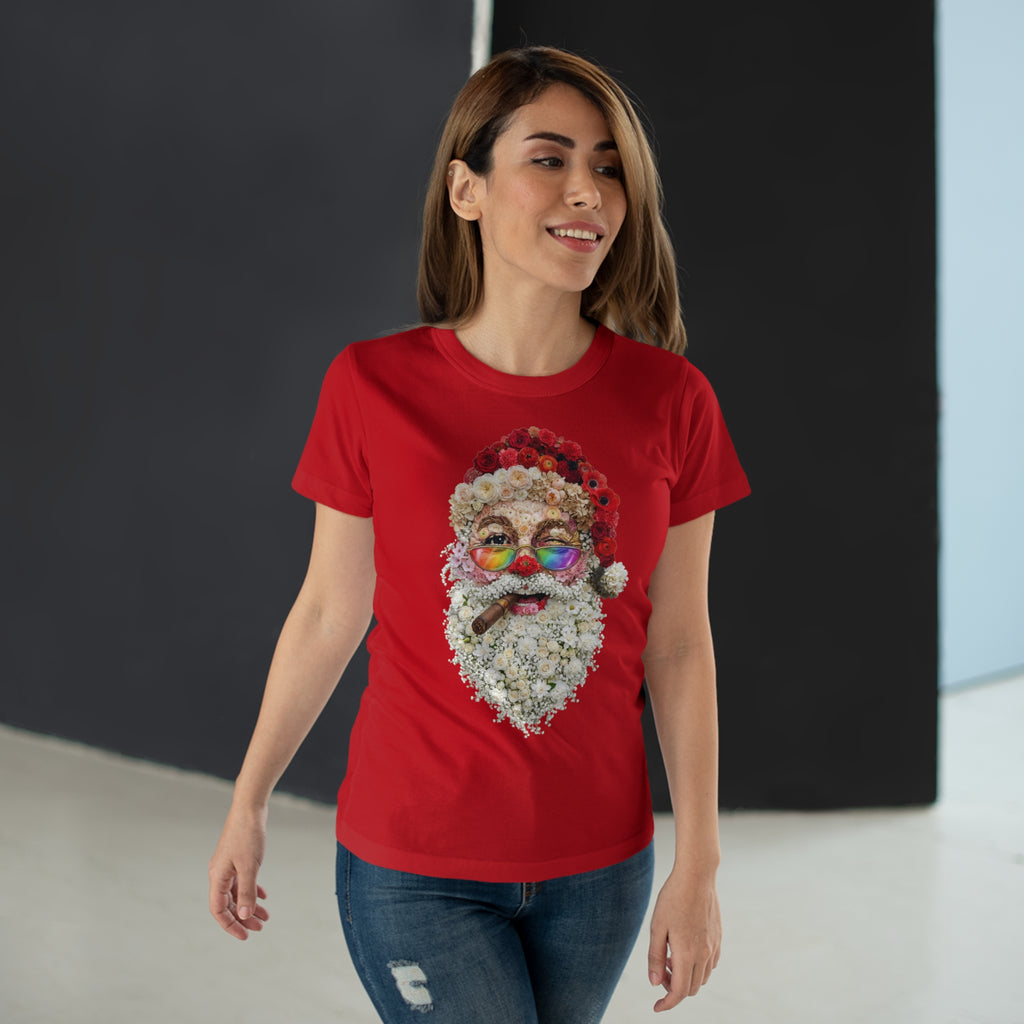 Blumen-Santa: Frontprint, Womens' T-Shirt, Rainbow Glasses & Cigar Holiday T-Shirt