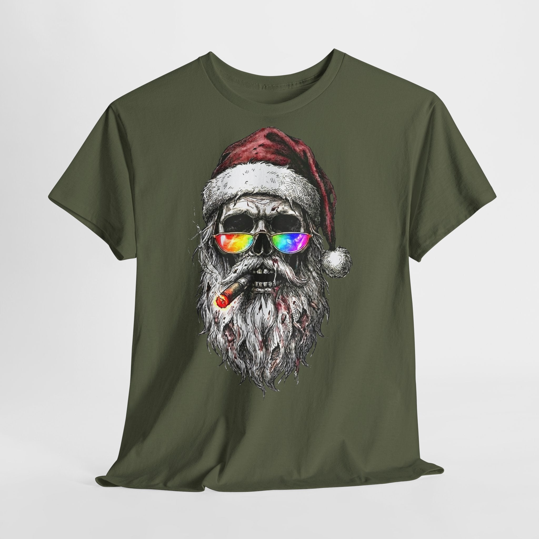 Dark-Santa: Frontprint, Unisex T-Shirt, Skull Graphic Tee Cool Santa with Rainbow Shades & Cigar, Holiday Christmas Shirt