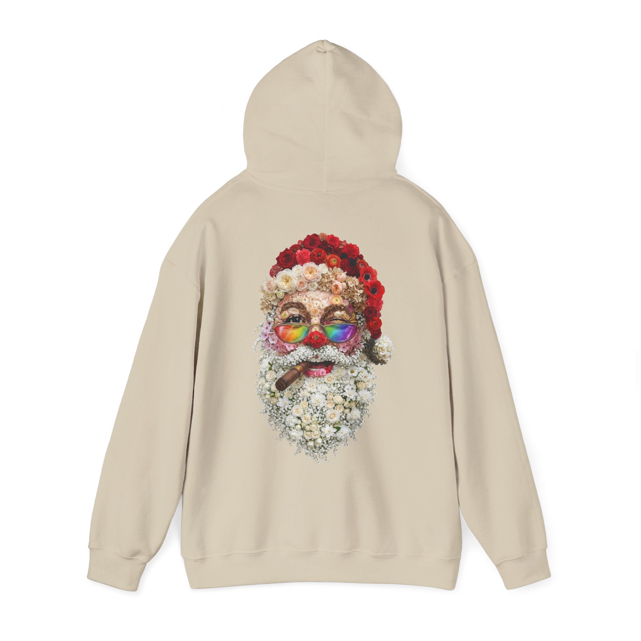 Blumen-Santa: Backprint, Unisex Hoodie, Rainbow Glasses Christmas X-Mas Floral