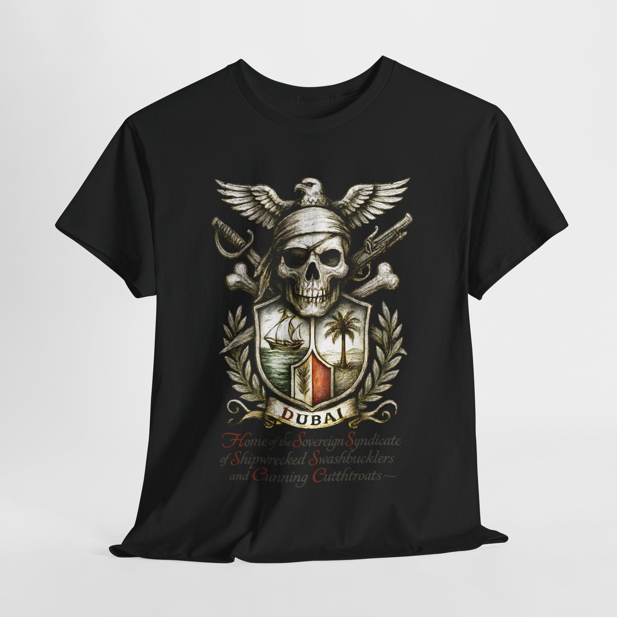 Grimwater Edition - Dubai, Skull & Crossbones Tee, Home of the Sovereign Syndicate of Swashbucklers Cutthroats