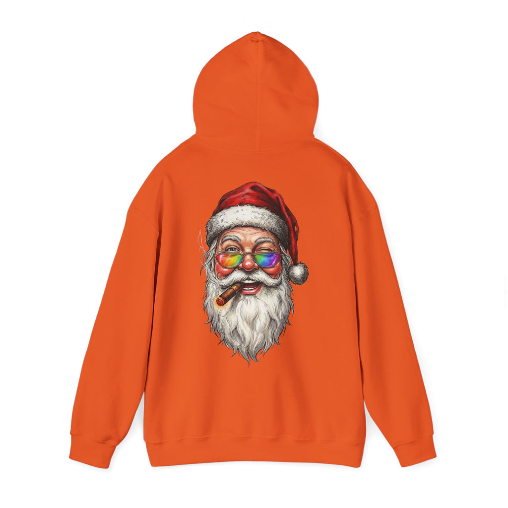 Friendly-Santa: Backprint, Unisex Hoodie, Rainbow Glasses Hoodie – Colorful Retro Christmas Sweatshirt