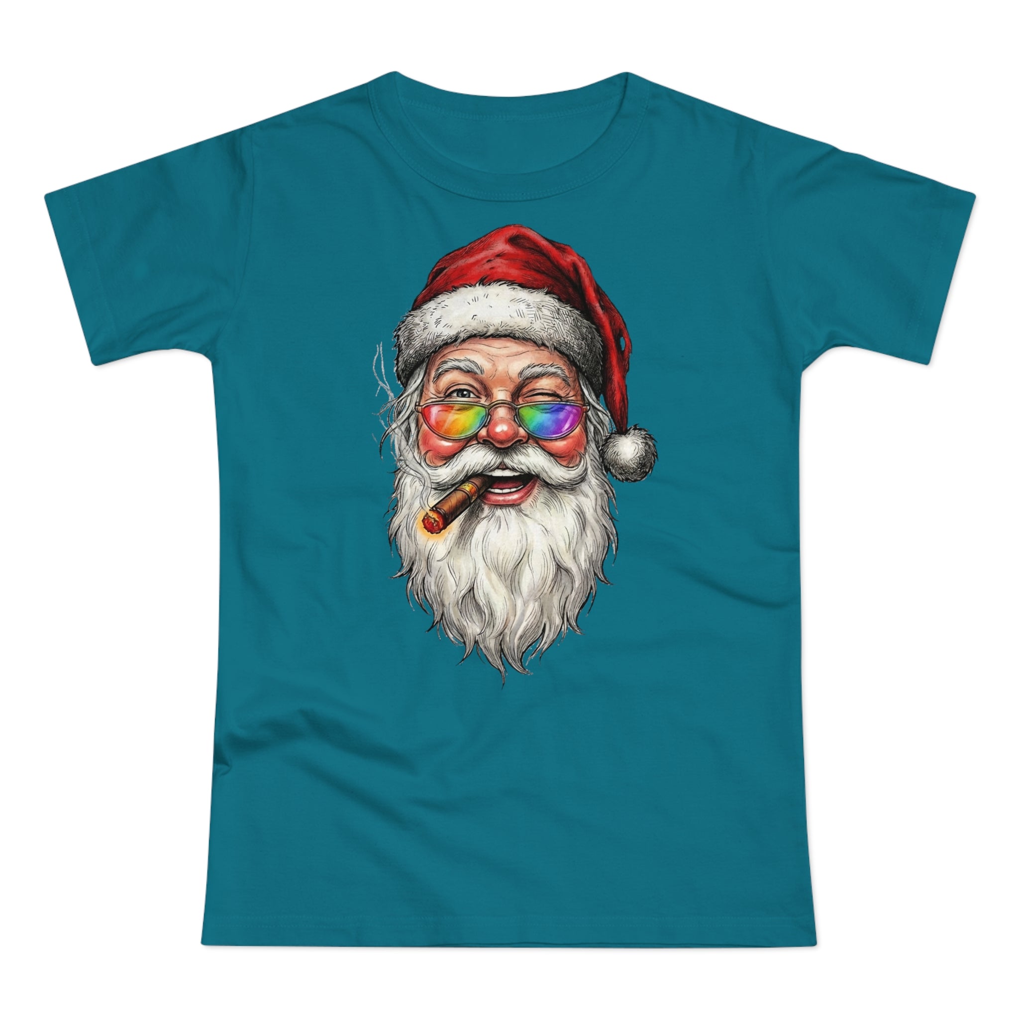 Friendly-Santa: Frontprint, Womens' T-Shirt, Colorful Glasses & Cigar Christmas Tee