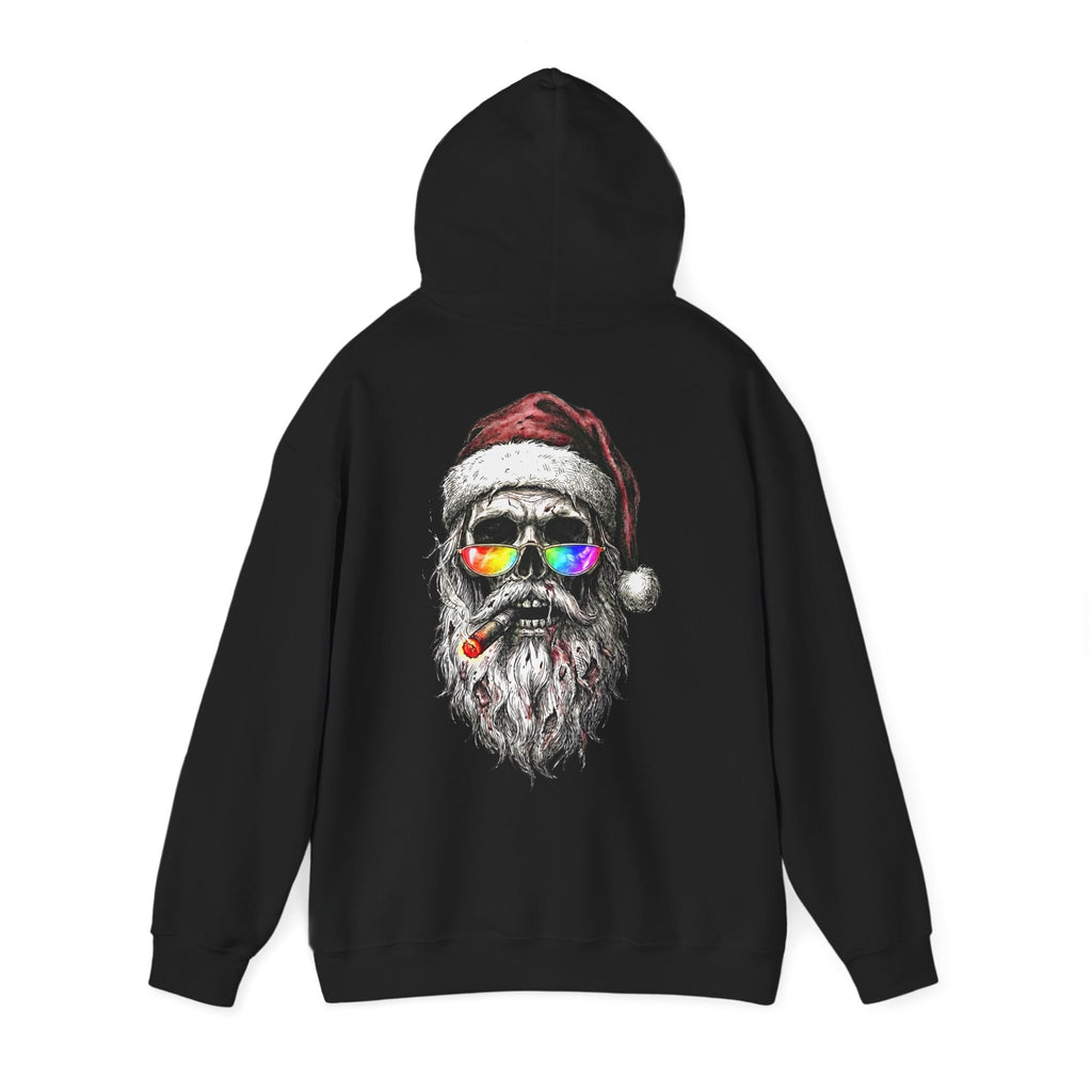 Dark-Santa: Backprint, Unisex Hoodie, Skull Cool Santa with Rainbow Sunglasses Christmas Sweatshirt