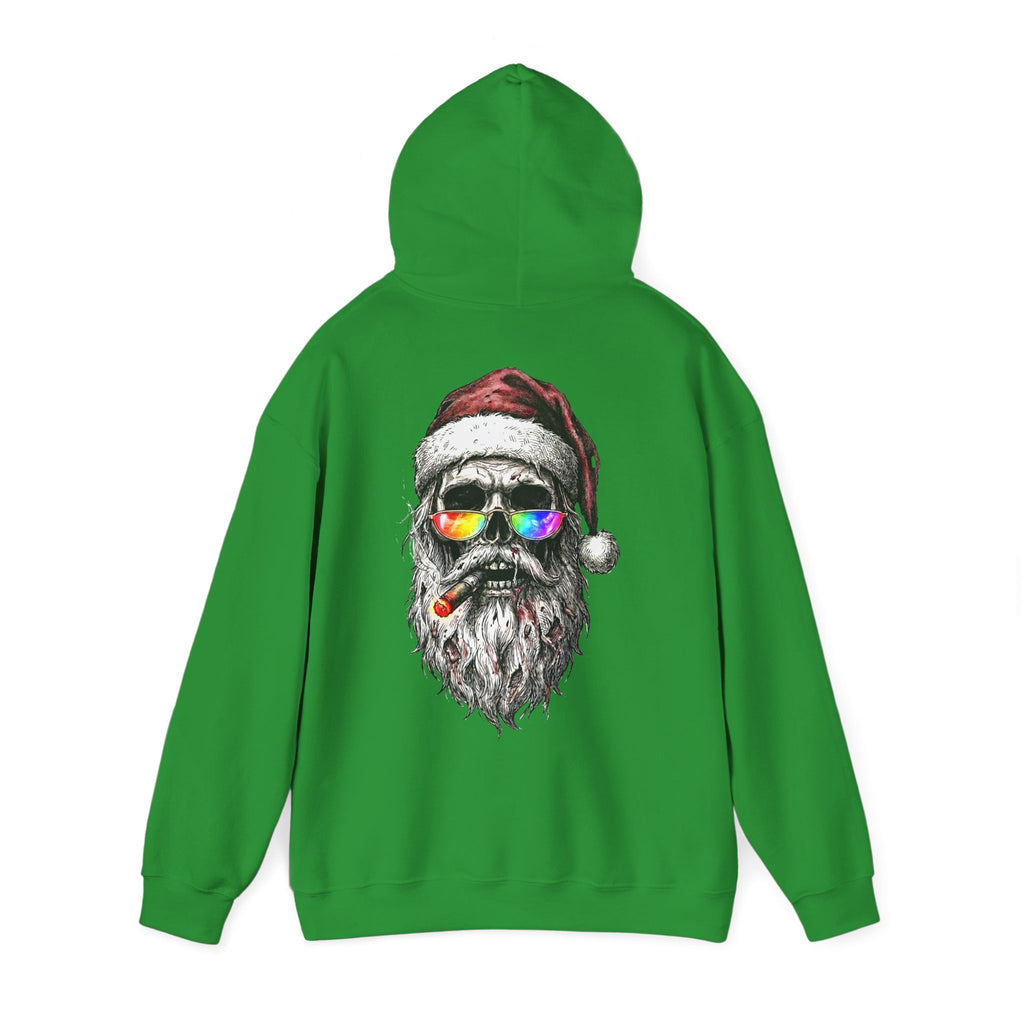 Dark-Santa: Backprint, Unisex Hoodie, Skull Cool Santa with Rainbow Sunglasses Christmas Sweatshirt