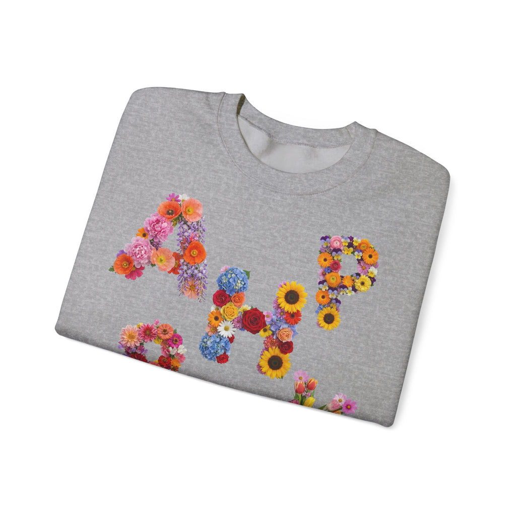 HAPPY, Frontprint, Unisex Sweatshirt. Floral Letter Print (Spring Floral Crew)