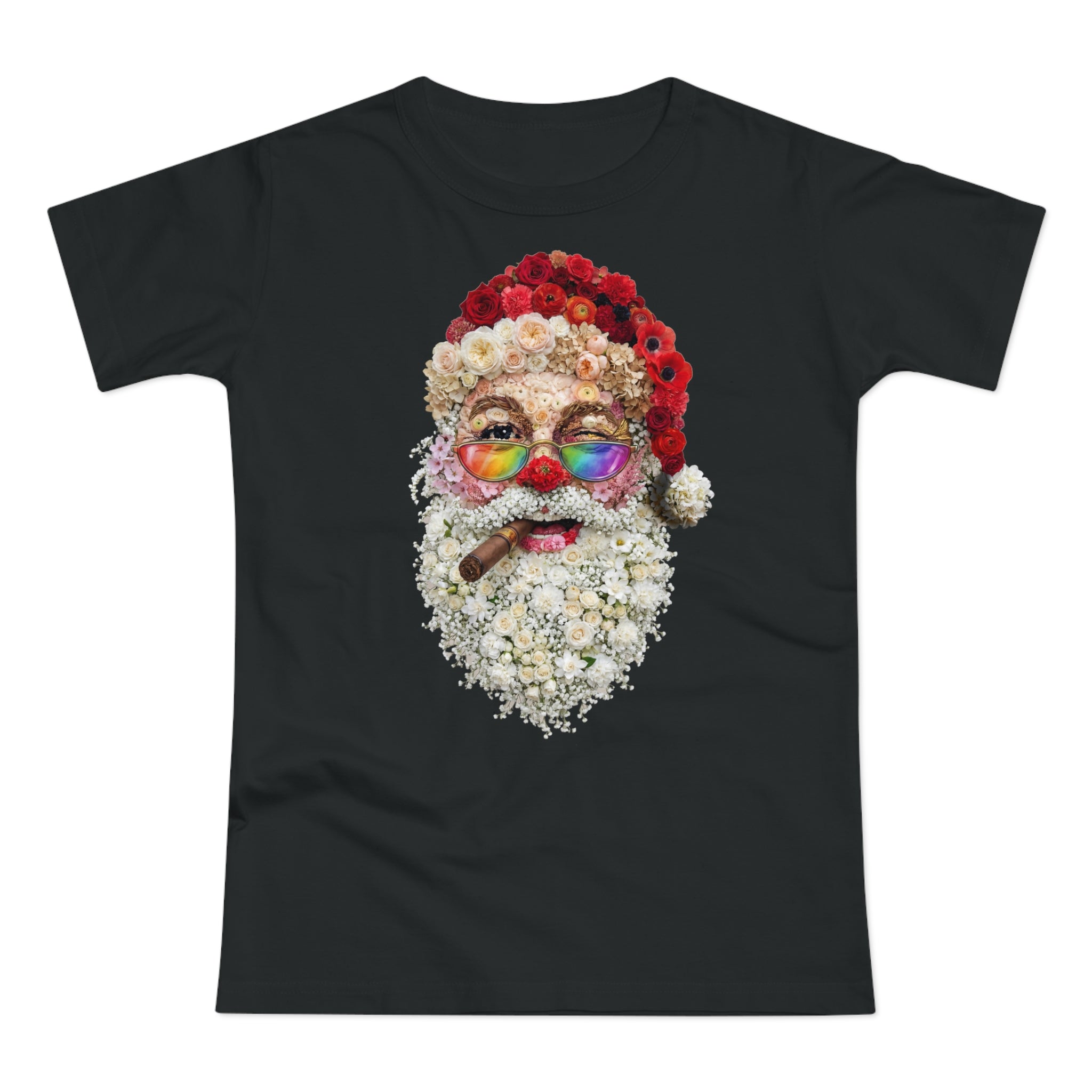 Blumen-Santa: Frontprint, Womens' T-Shirt, Rainbow Glasses & Cigar Holiday T-Shirt