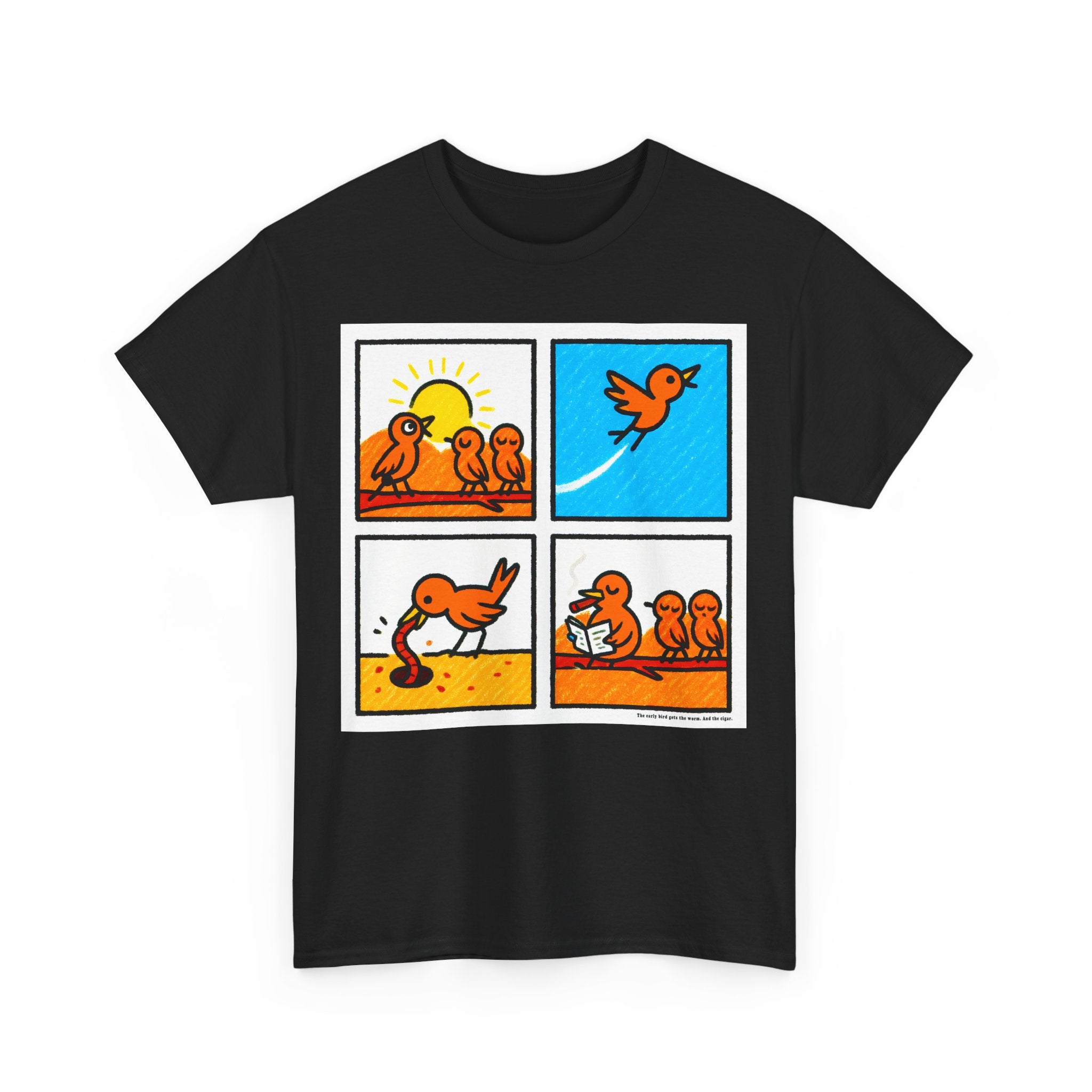 Proverb - Early bird GETS IT ALL, plus Cigar, Sunshine Birds Unisex Heavy Cotton Tee, Graphic Tee, Casual Wear, Gift for Bird Lovers, Funny T-Shirt, Nature Inspired Clothing