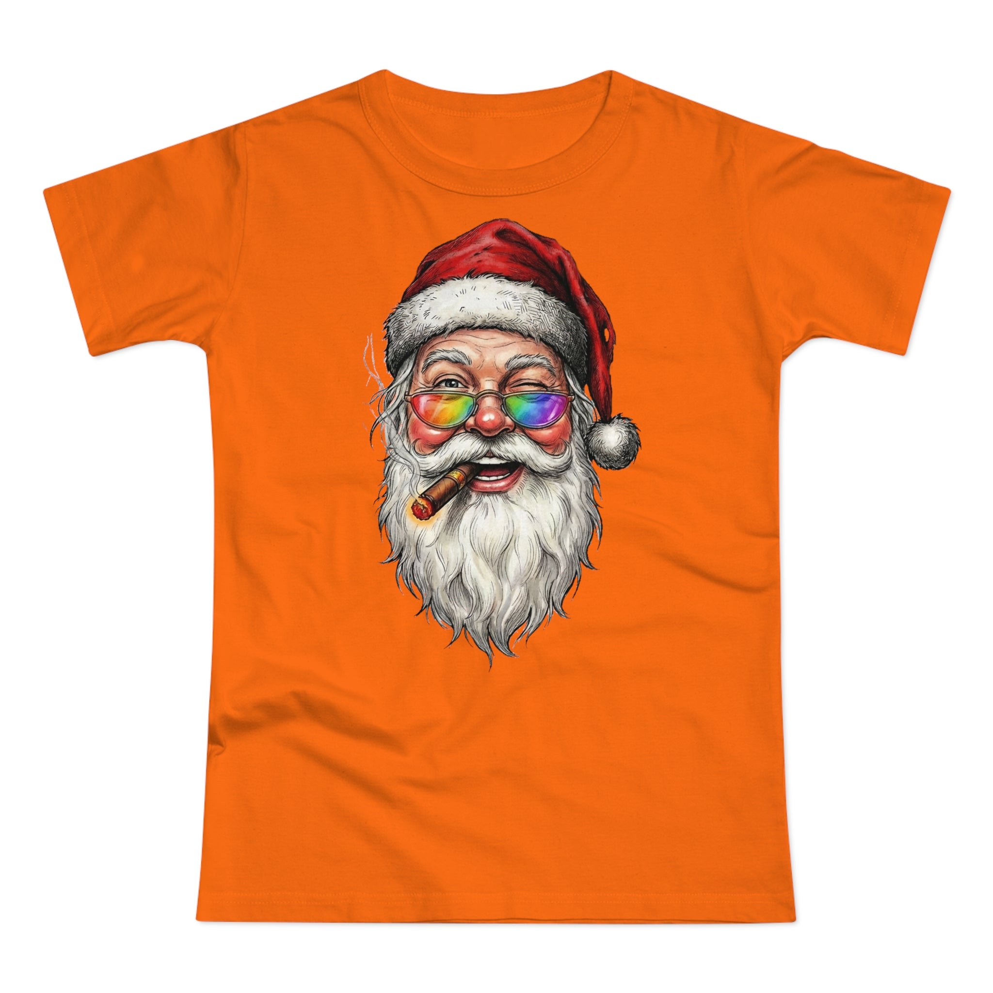 Friendly-Santa: Frontprint, Womens' T-Shirt, Colorful Glasses & Cigar Christmas Tee