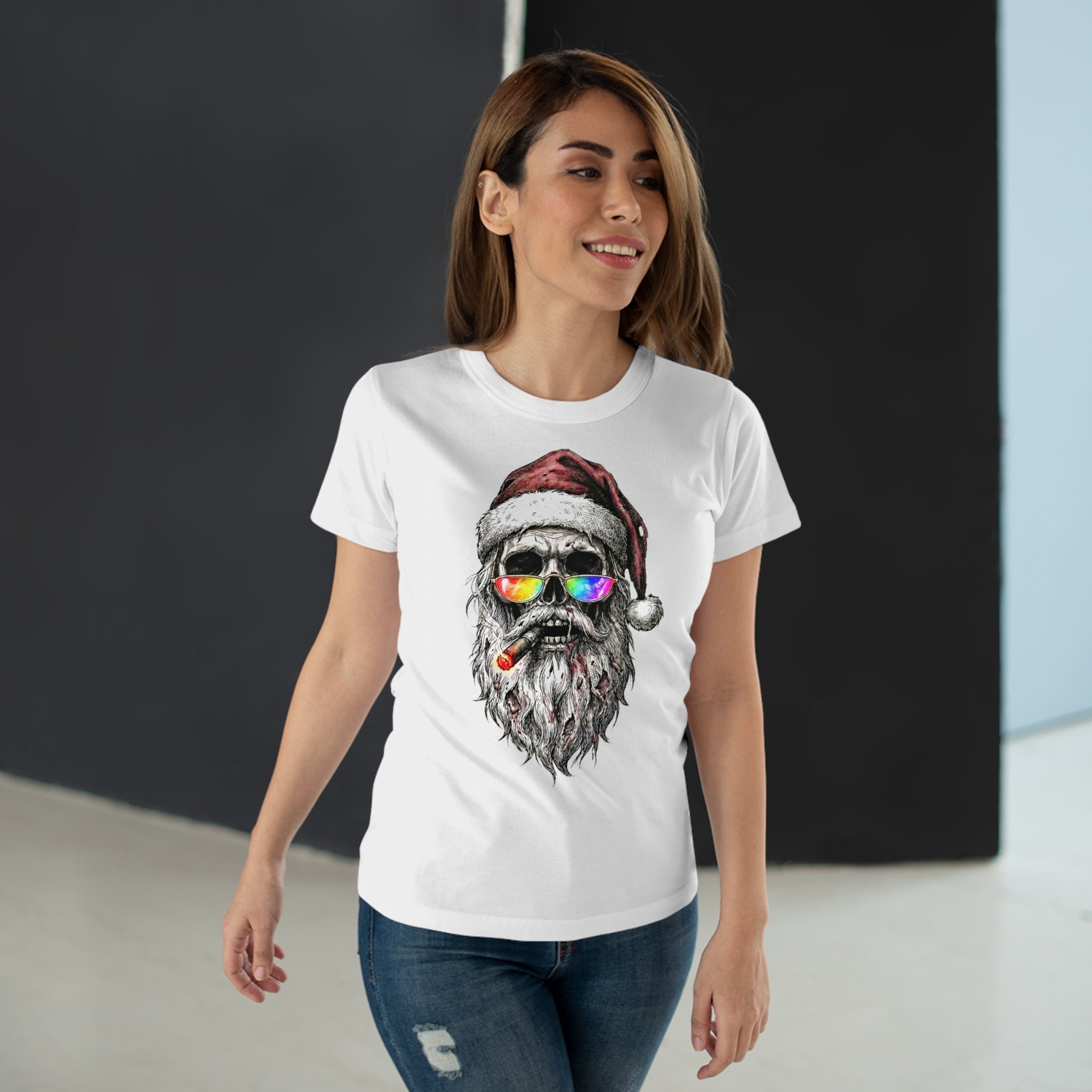 Dark-Santa: Frontprint, Womens' T-Shirt, Skull Retro Sunglasses & Cigar Holiday Tee