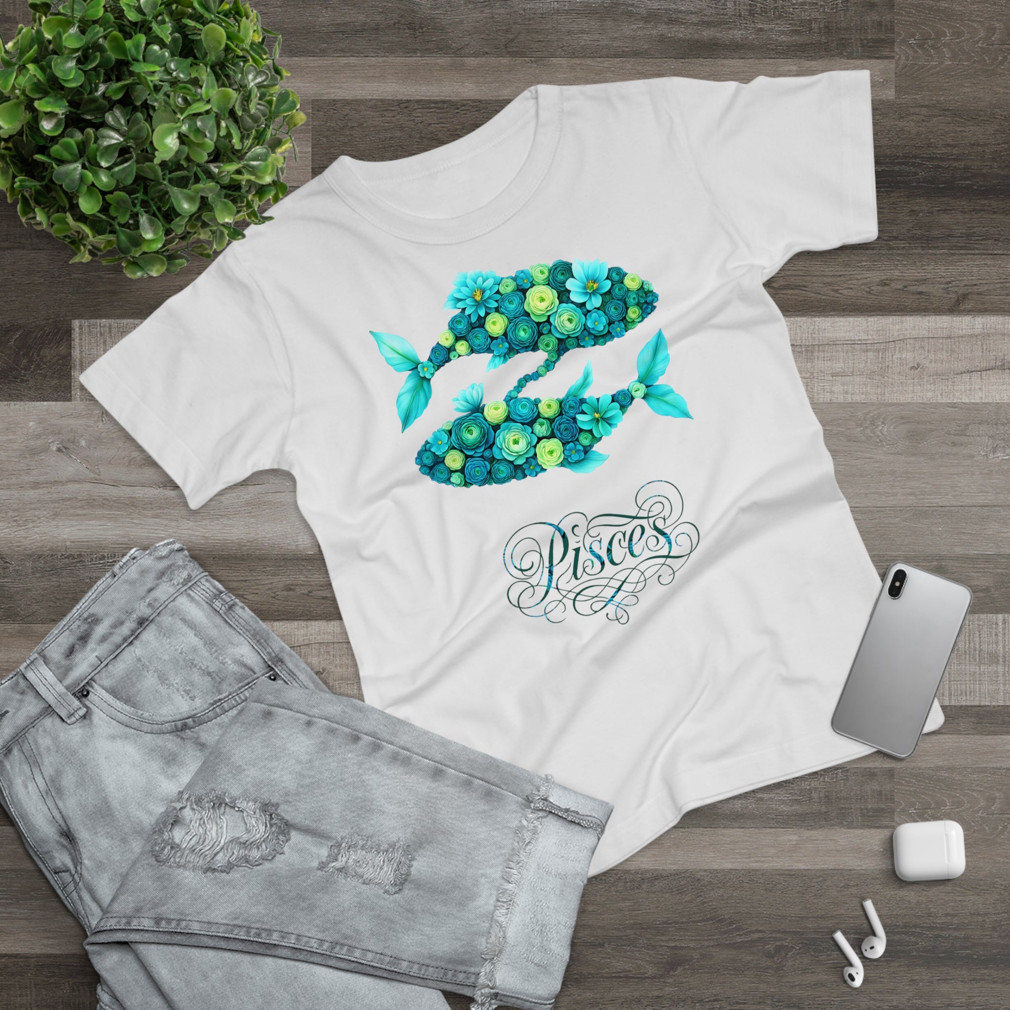 Fische: Frontprint, Womens' T-Shirt, florales Sternzeichen, Zodiac Astrologie (Pisces)