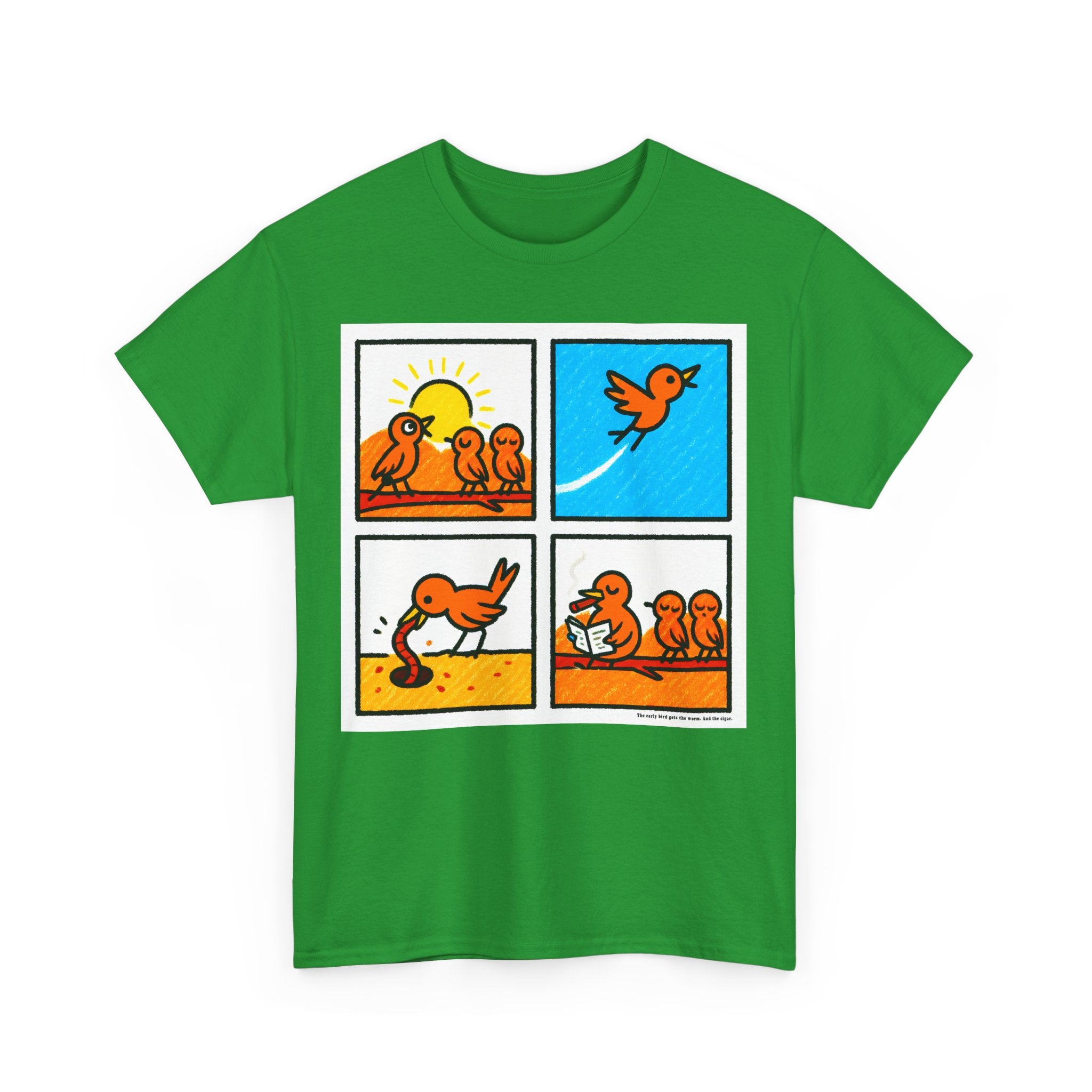Proverb - Early bird GETS IT ALL, plus Cigar, Sunshine Birds Unisex Heavy Cotton Tee, Graphic Tee, Casual Wear, Gift for Bird Lovers, Funny T-Shirt, Nature Inspired Clothing