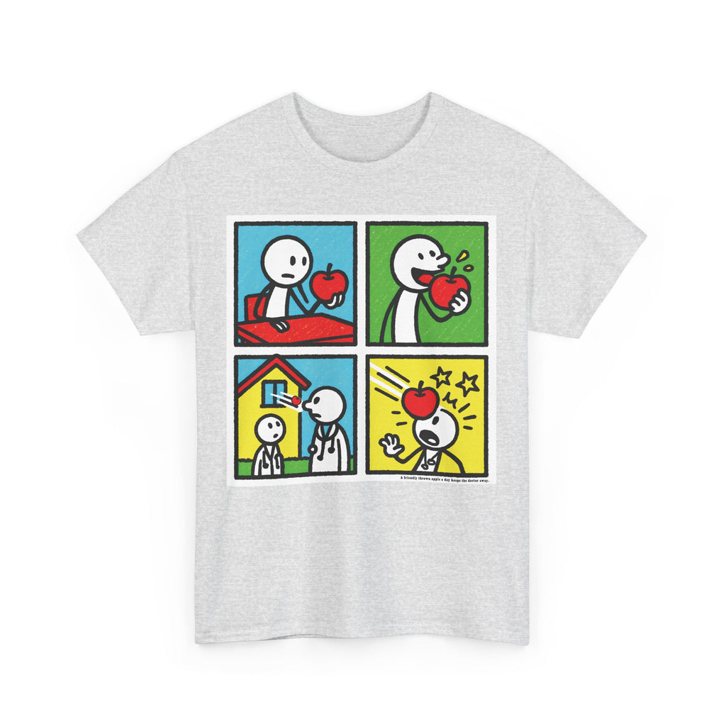 Proverb - A friendly thrown apple keeps doctor away, Funny Graphic Unisex Heavy Cotton Tee, Cute Gift for Friends, Heart Theme T-Shirt, Casual Wear, Gift for Birthdays, Celebrate Love
